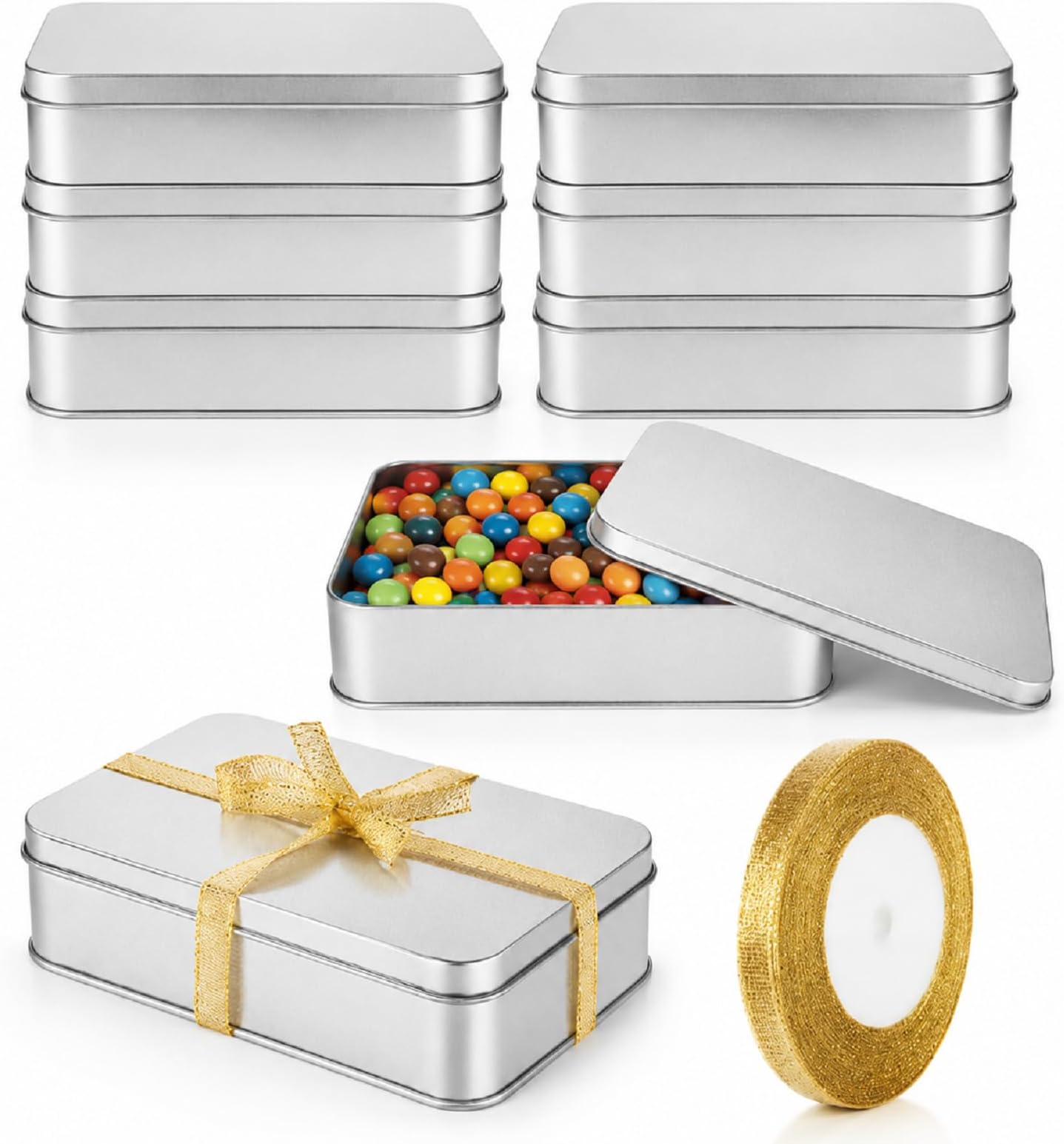 8 Pack Empty Metal Tins Box with Lid - Cookie Tins Silver Metal Rectangular Tin Box Lids for Treats, Gifts, Favors, Candle and Crafts (6.2 x 4.3 x 1.4 Inches)