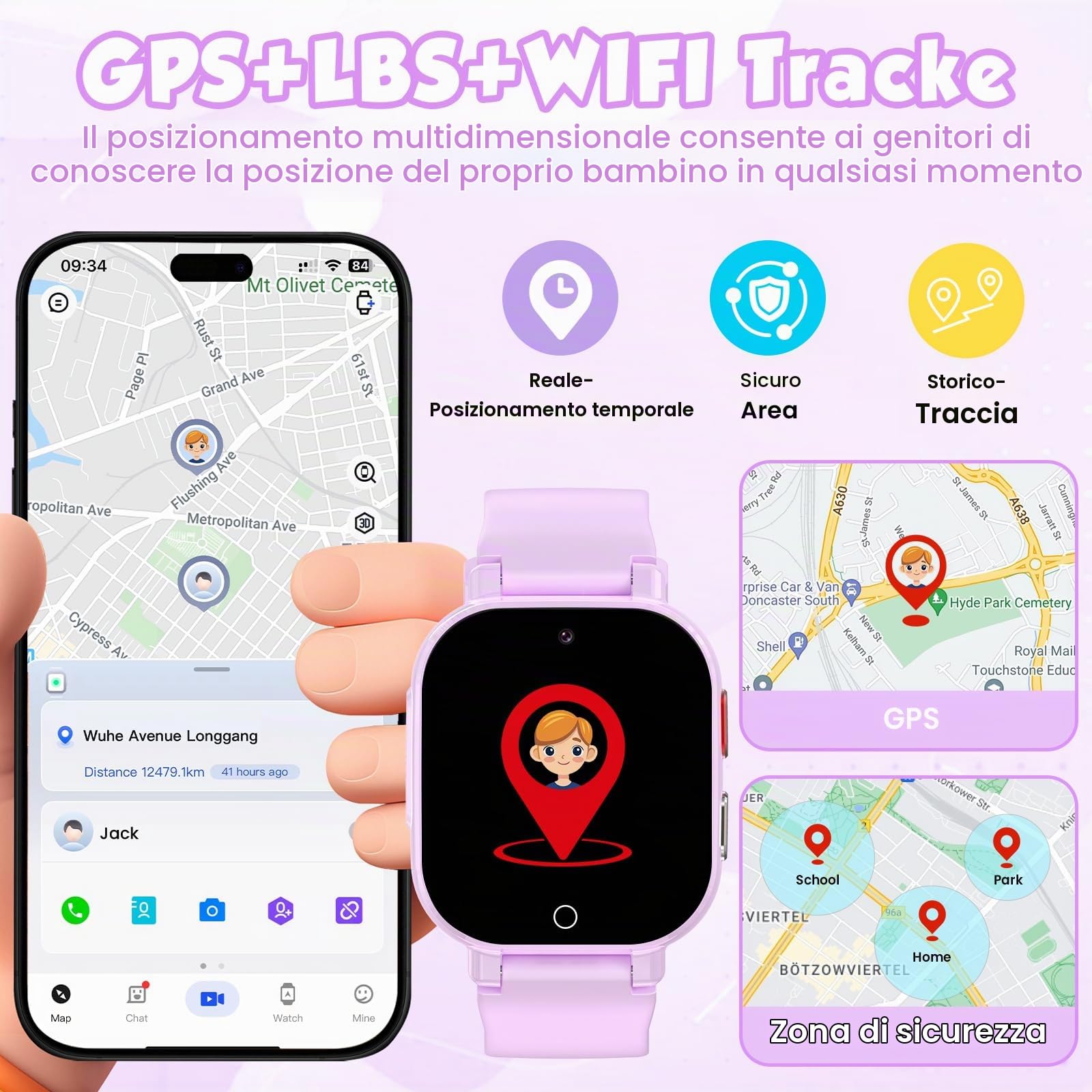 4G Smartwatch Bambini con GPS e Telefono, Orologio Smartwatch Bambini con Videochiamate, Chat Vocale, Modalità Scuola, SOS, Contapassi, Orologio Intelligente Regalo Ragazzi Ragazze 4-12, Viola