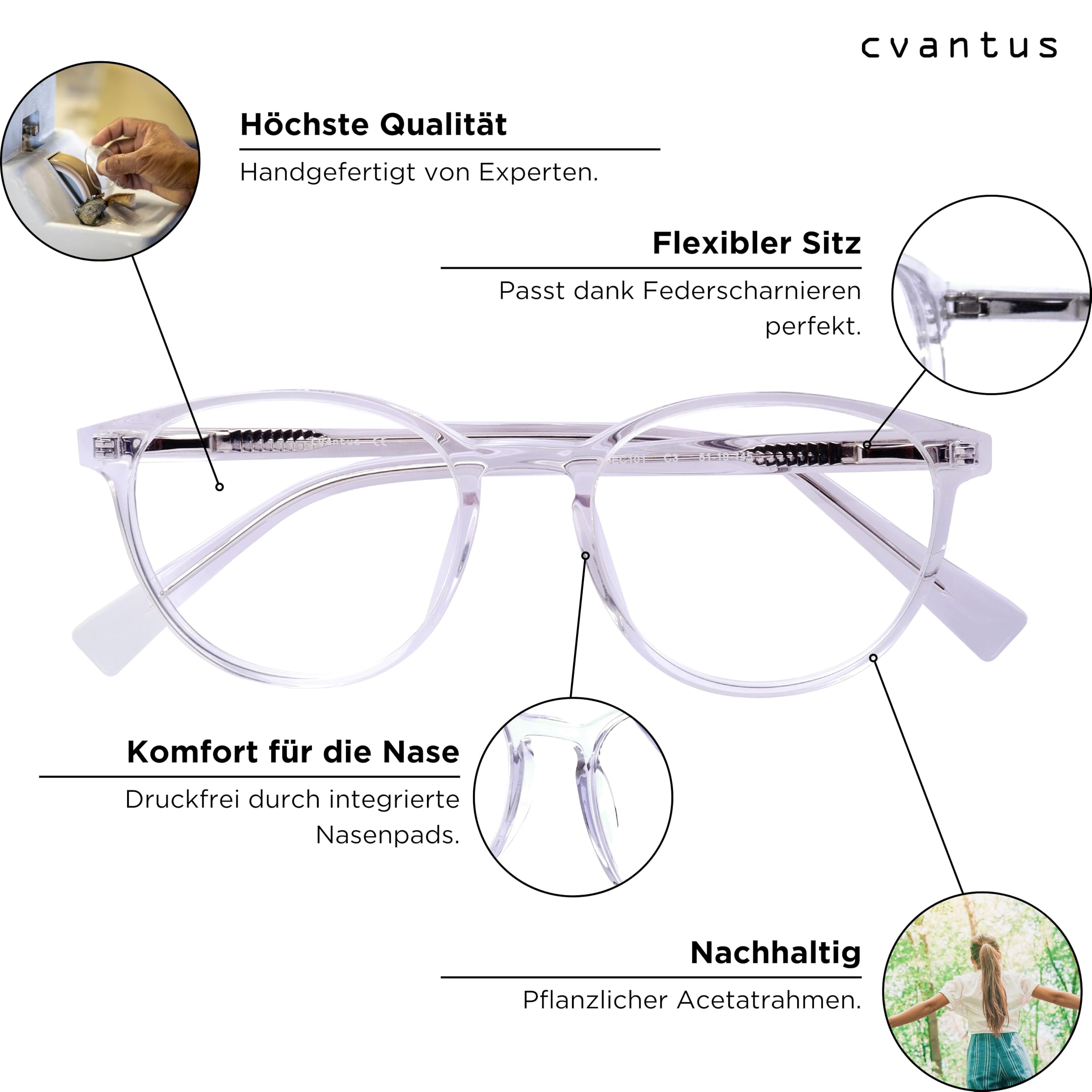 Cvantus Premium Blaulichtfilter Brille Herren & Damen | Blaulicht- & UV-Blocker, Antireflex, Antistatisch | Durchsichtig Blaulichtfilter Brille Rund | Verschreibungsqualität - Hergestellt von Optikern