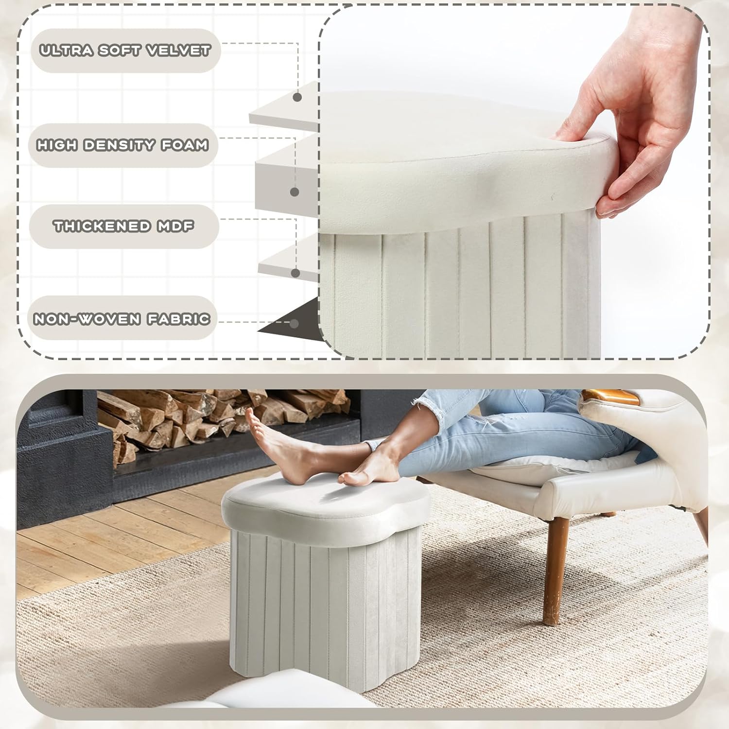 2 Pcs Storage Ottoman Flower Shaped Foot Stools Foldable Velvet Storage Box Footrest Small Ottoman Seat with Folding Vanity Stool for Dorm Home 12. 6 x 12. 6 x 12. 6 Inch(White)