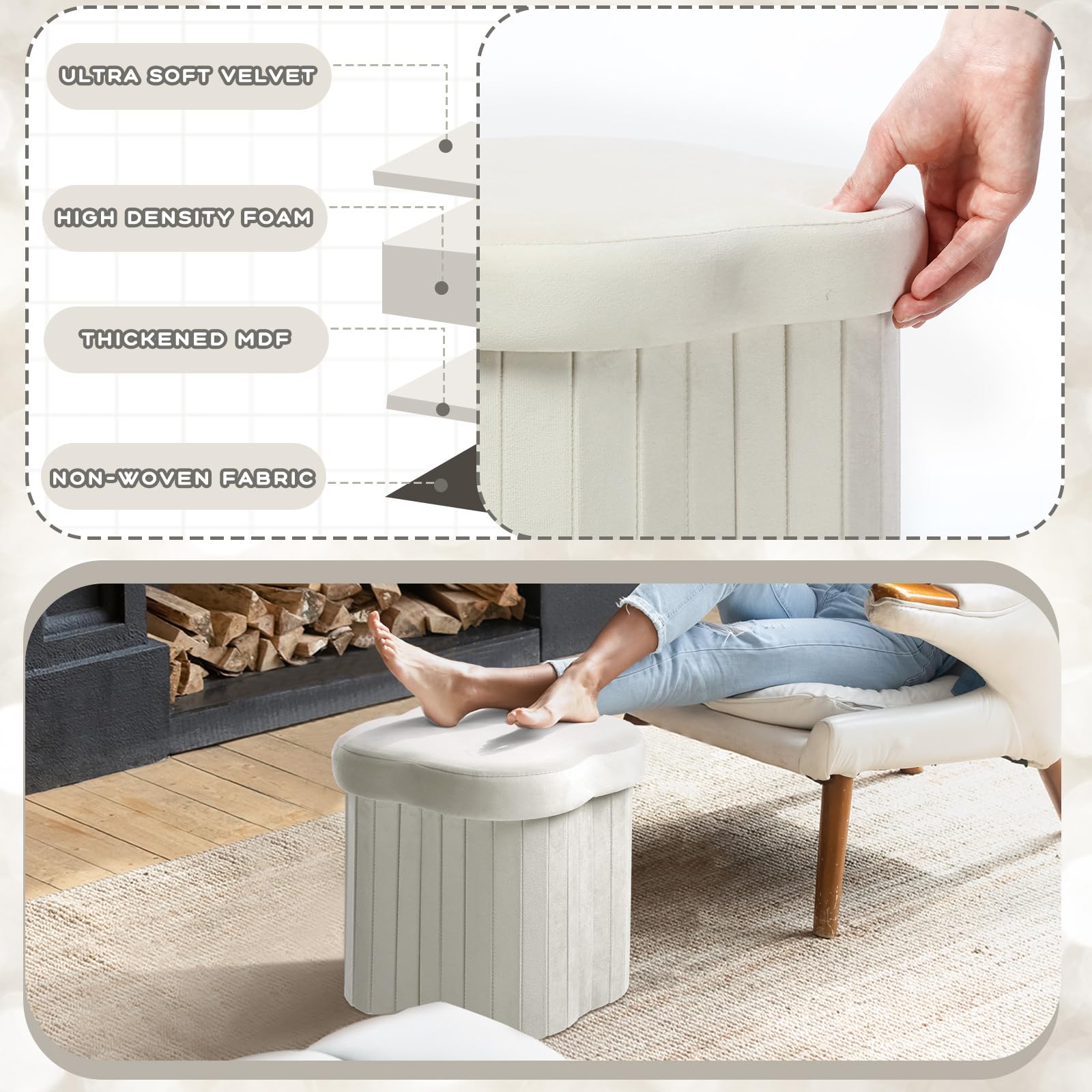 2 taburetes otomanos de almacenamiento en forma de flor plegable de terciopelo, reposapiés, asiento otomano pequeño con taburete plegable para dormitorio de 12.6 x 12.6 x 12.6 pulgadas 4