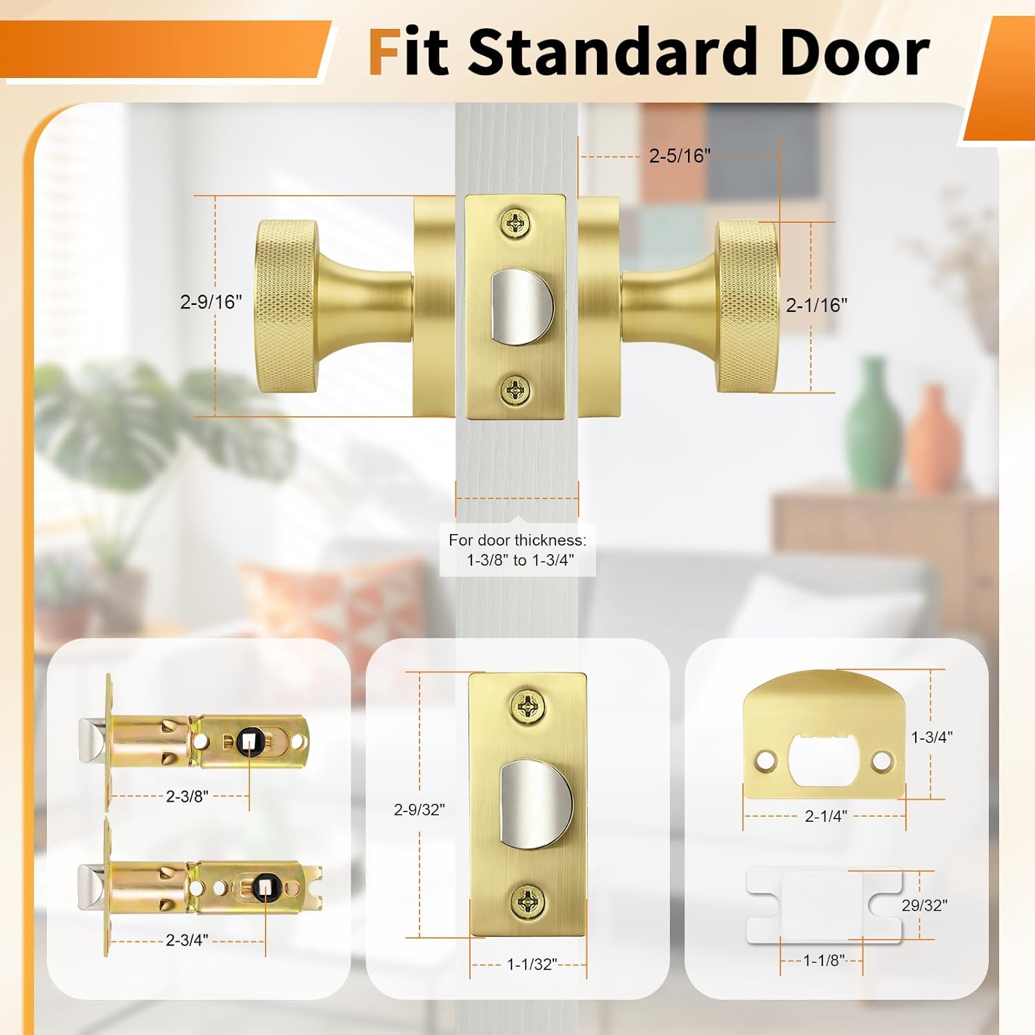 Probrico Round Passage Door Knobs, Gold Door Knobs, Brusehd Gold Interior Door Knob for Closet and Hallway, 6 Pack