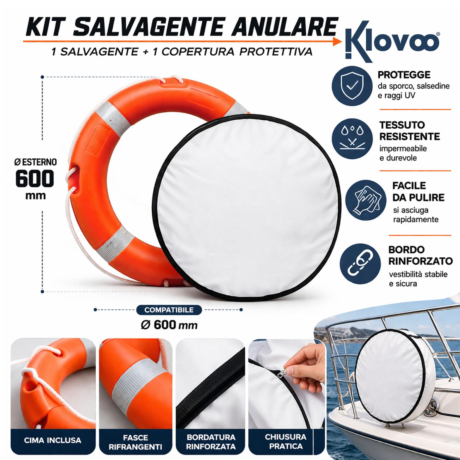 Kit Salvagente Anulare con Copri Salvagente in Tessuto per Barca e Gommone Omologato e Obbligatorio