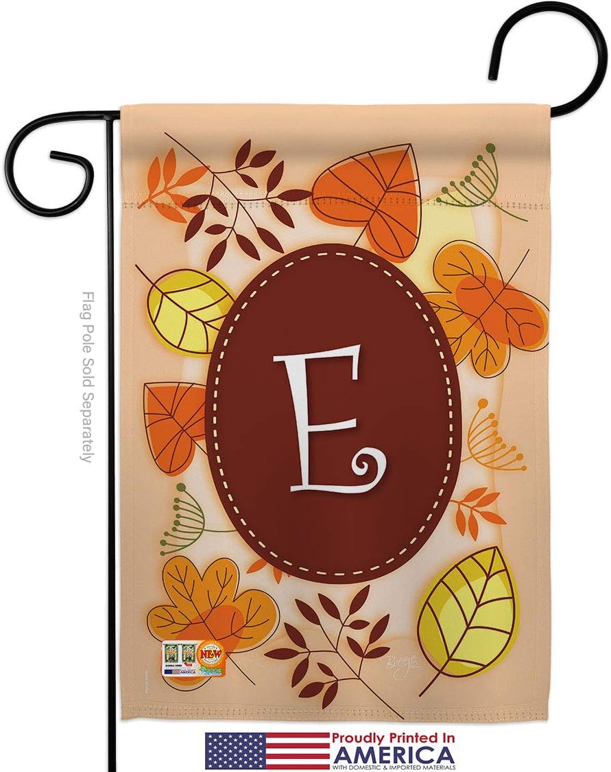 Autumn E Initial Garden Flag Set with Stand Monogram Falltime Harvest Scarecrow Pumkins Sunflower Leaves Season Autumntime Gathering Small Gift Yard House Banner Made In USA 13 X 18.5