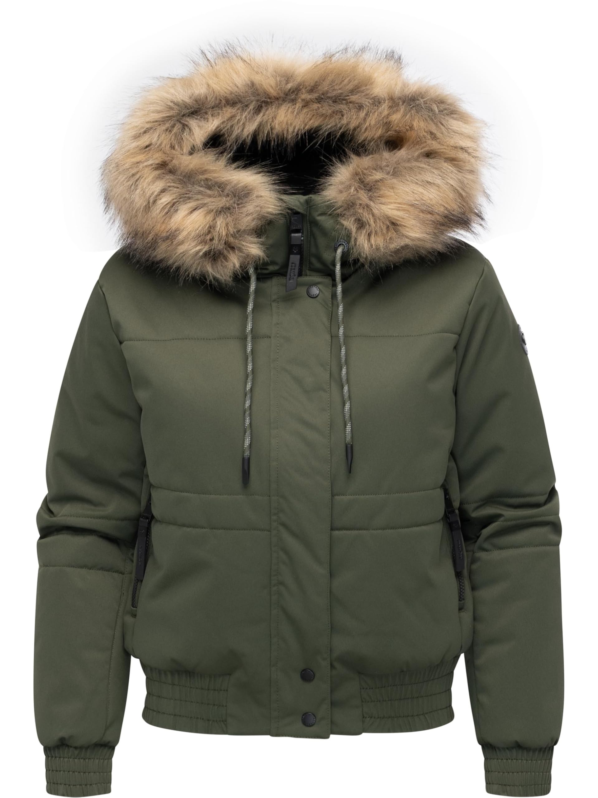 Ragwear Deluxia YOUMODO Women's Warm Winter Jacket, Waterproof Bomber Jacket with Large Hood and (Removable) Faux Fur, XS-XXL, dark olive, L
