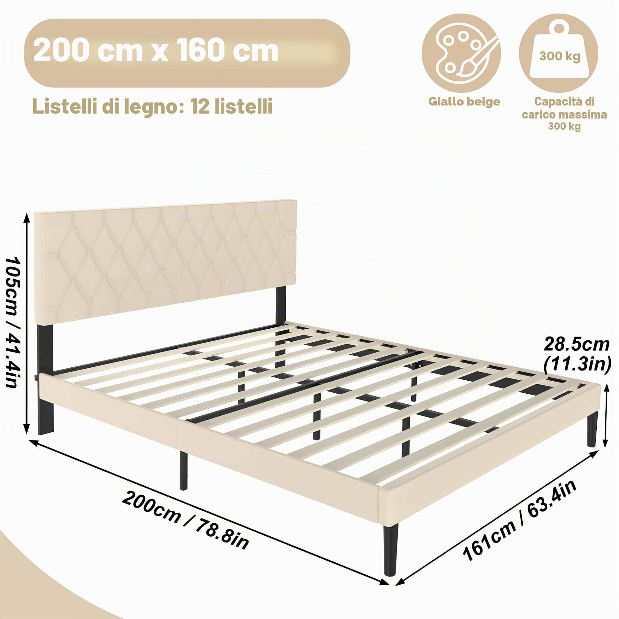 UISEBRT Letto imbottito 160 x 200 cm - Telaio con bottoni e testiera imbottita in ecopelle - Supporto in legno - Letto matrimoniale moderno