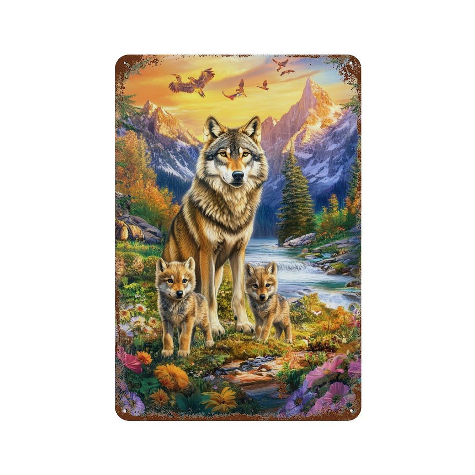 Rust Effect Wolf Family in Wildflowers-2 Aged Metal Wall Plaque 11.8"x7.9", Classic Wall Plaque for Basement, Hobby Room And Garage Decor