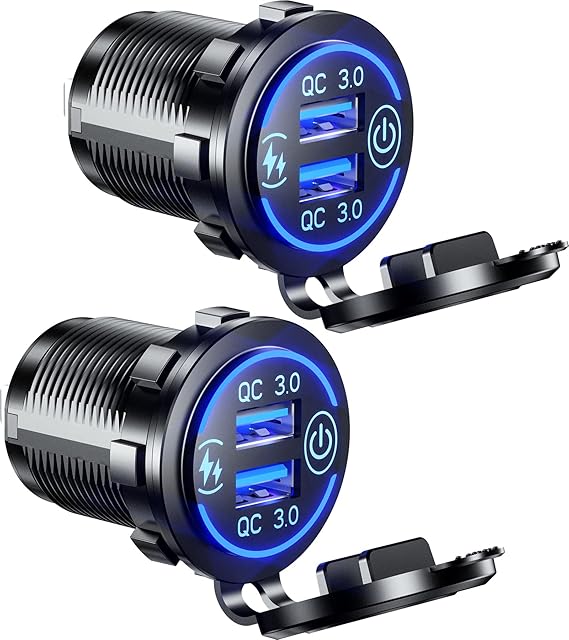2 PackQuick Charge 3.0 Dual USB Charger Socket Waterproof 36W 12V 24V USB Outlet Fast Charge with Touch Switch & Blue LED DIY Kit for Car Boat Marine ATV Bus Truck Golf Cart and More