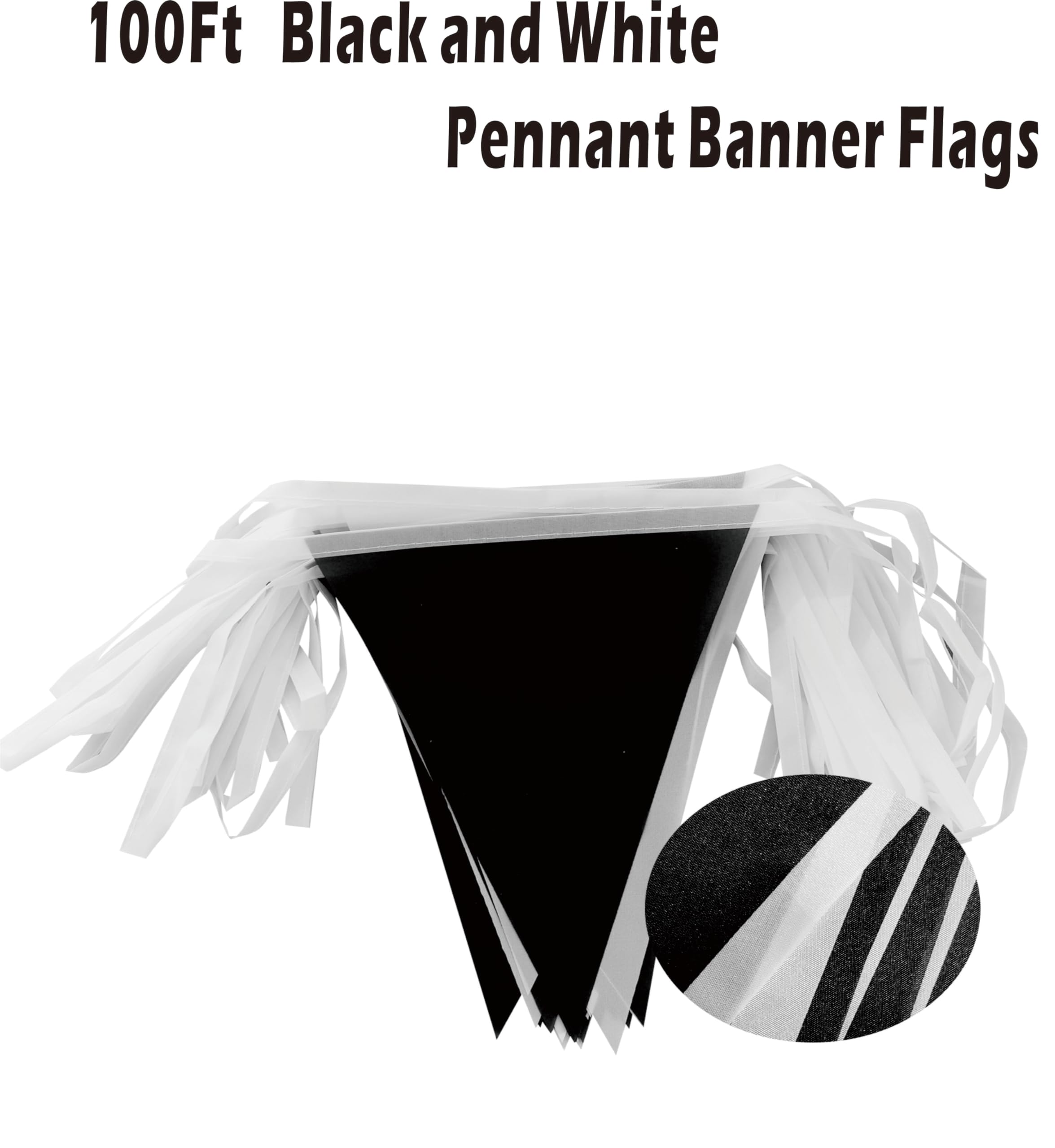 Banderines triangulares de tela de 100 pies/76 unidades, decoraciones de fiesta para bodas, cumpleaños de niños, decoración de festivales colgantes de jardín al aire libre (negro, blanco)