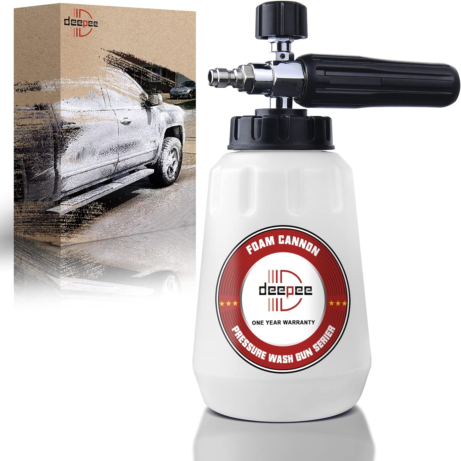 DEEPEE Adjustable Snow Foam Cannon Heavy Duty Lance Blaster Wide Neck Bottle with 1/4'' Quick Connector for Pressure Washer Gun (1 Liter)
