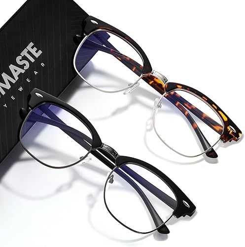 Vista 38 de Lentes de bloqueo de luz azul, vintage, medio marco, lente transparente UV, antifatiga ocular, gafas de juegos para computadora para mujeres