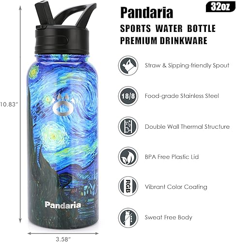 Miniatura 10 de Botella de agua aislada de 32 onzas con tapas y pajillas, de acero inoxidable, para exteriores, botella de boca ancha para bebidas frías y