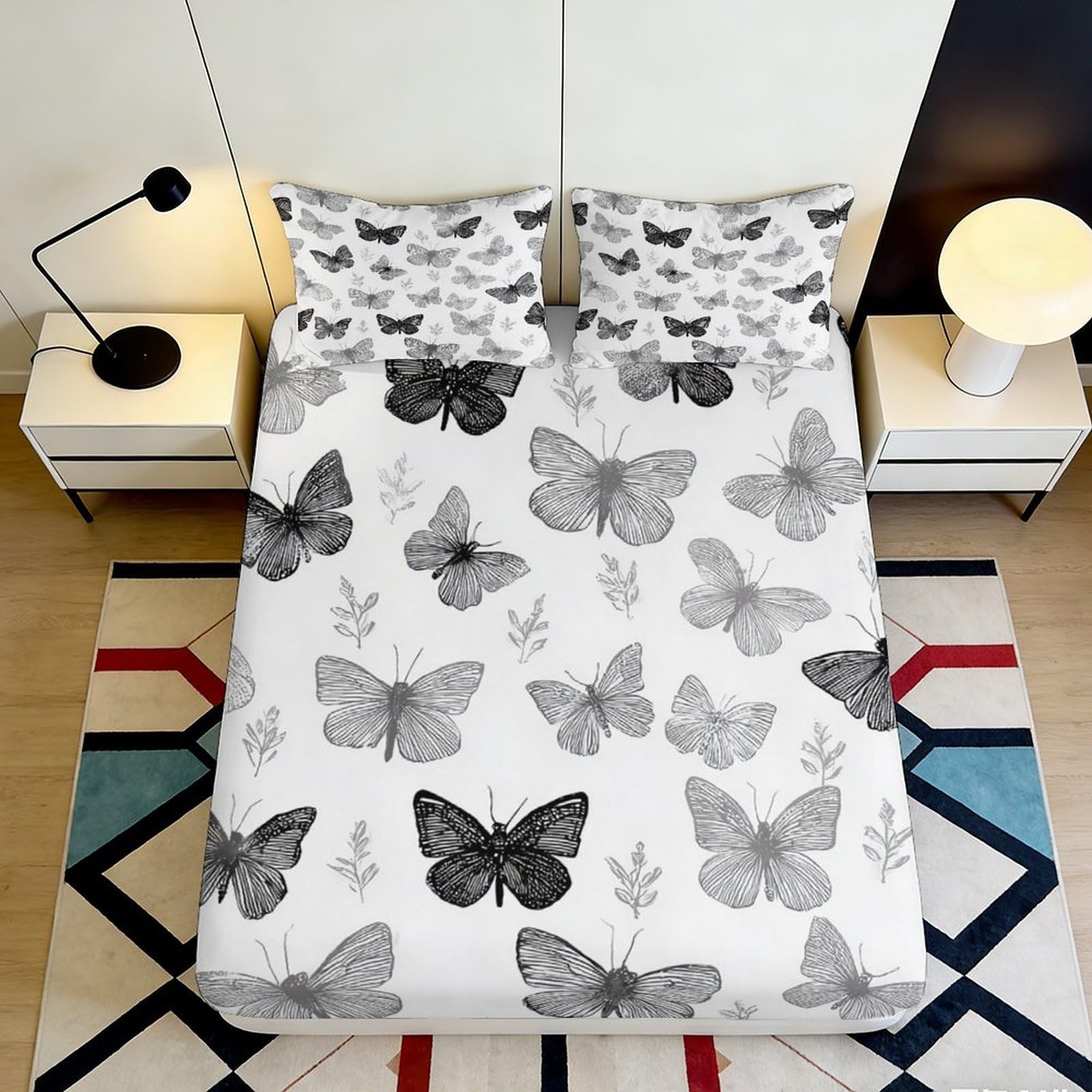 3D Printed Black Butterfly Fitted Sheet Microfiber Soft Anti-Slip Gray Butterfly Mattress Cover for Bedroom Guestroom Easy Care Decor 90x200x25cm