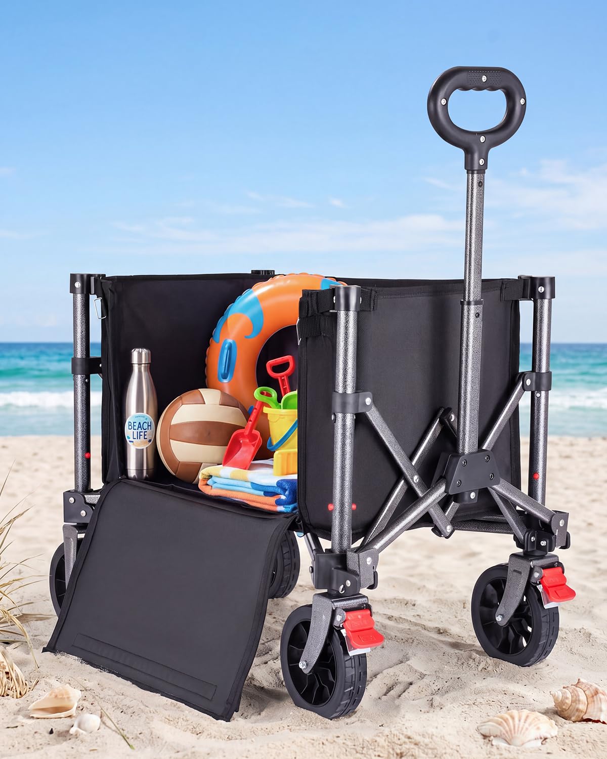 YEAUPE PRO Carro Playa Plegable con Ruedas – 70L, 50 kg – Ruedas Amovibles, Mango Ajustable, Acceso Lateral con Cremallera y Diseño Compacto, Ideal para jardín, paquetería y hogar – Negro Tinta