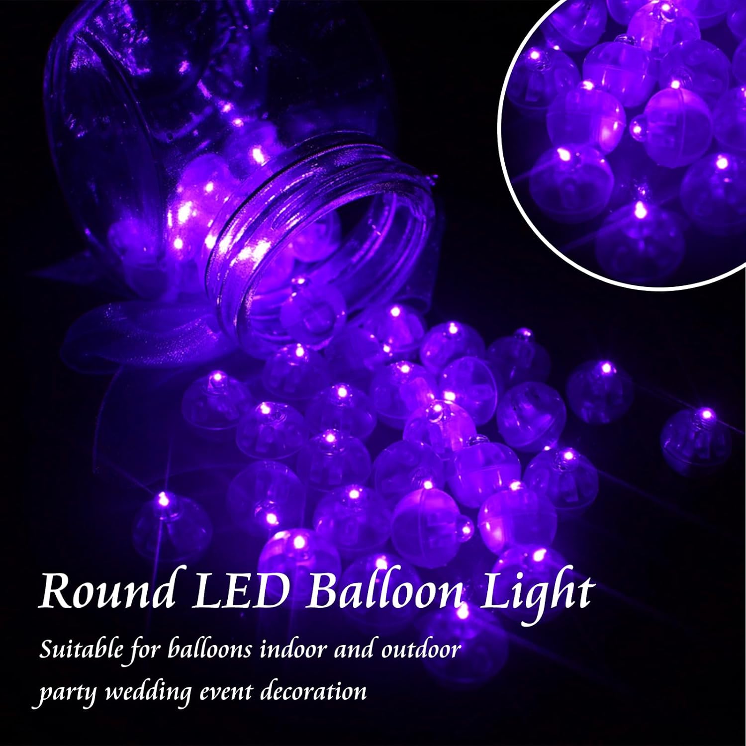 Purple LED balloon lights spilling out of a jar, with text indicating suitability for balloons, indoor/outdoor, party, wedding, and event decoration.