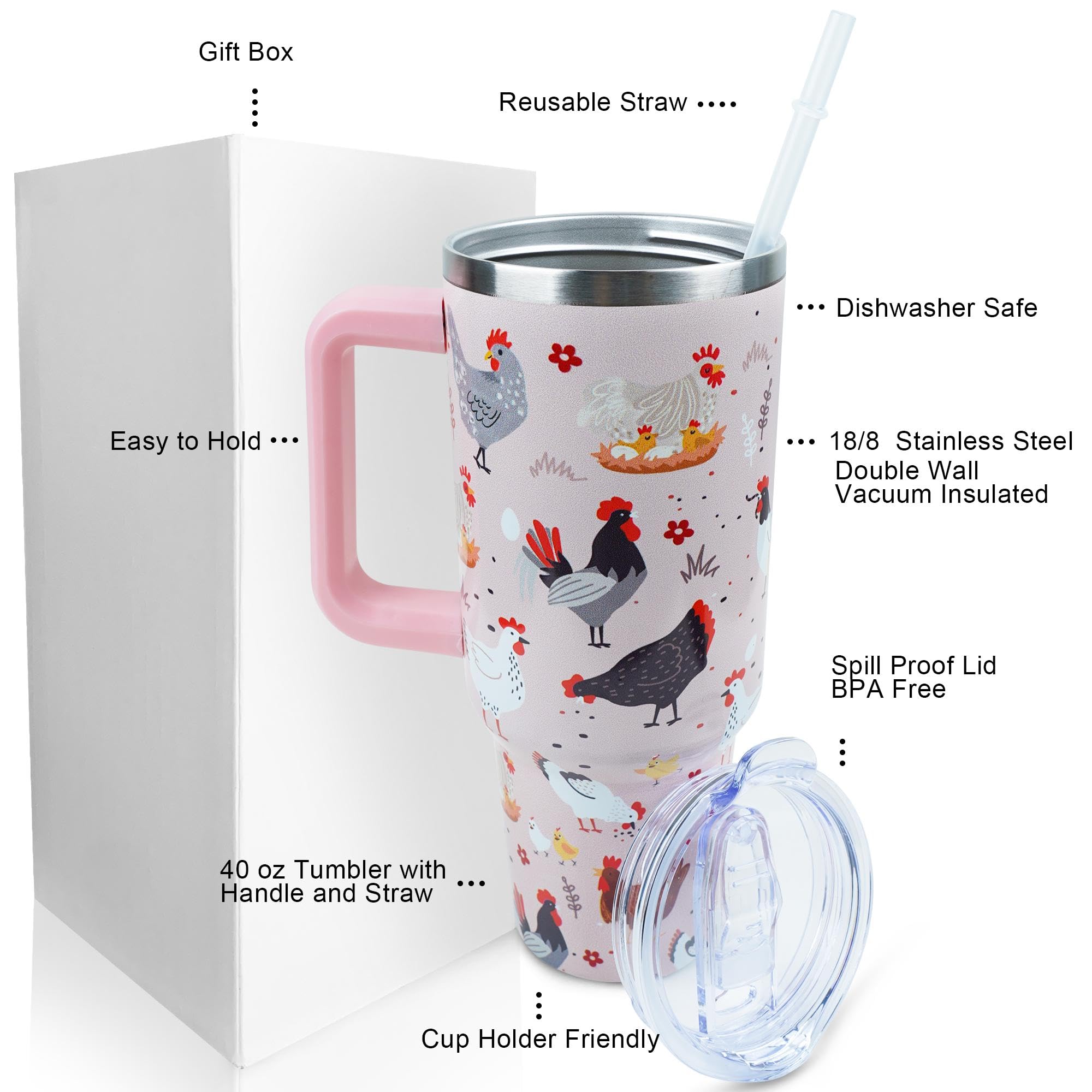 40 oz Tumbler with Handle and Straw Lid Leak Proof, Chicken and Rooster Design Coffee Travel Mug with Handle Insulated for Hot and Cold Drink Ice, Mother's Day Birthday Gifts for Women Mom