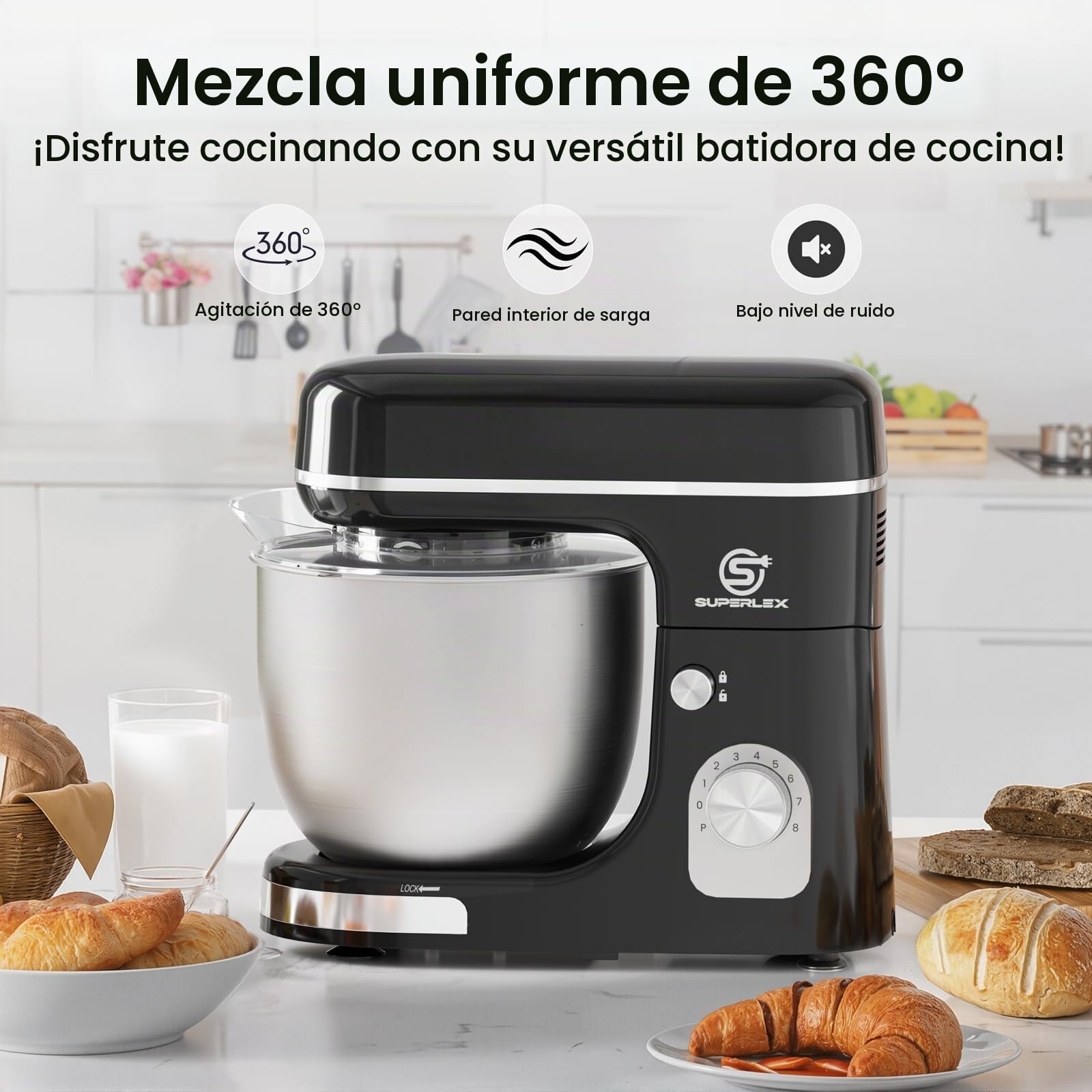 Robot de Cocina 3 en 1 con 1300W y Bol de Acero Inoxidable de 5L Robot Multifuncional de Cocina con 8 Velocidades Amasadora y Batidora con Gancho de Amasar, Batidor y Varillas