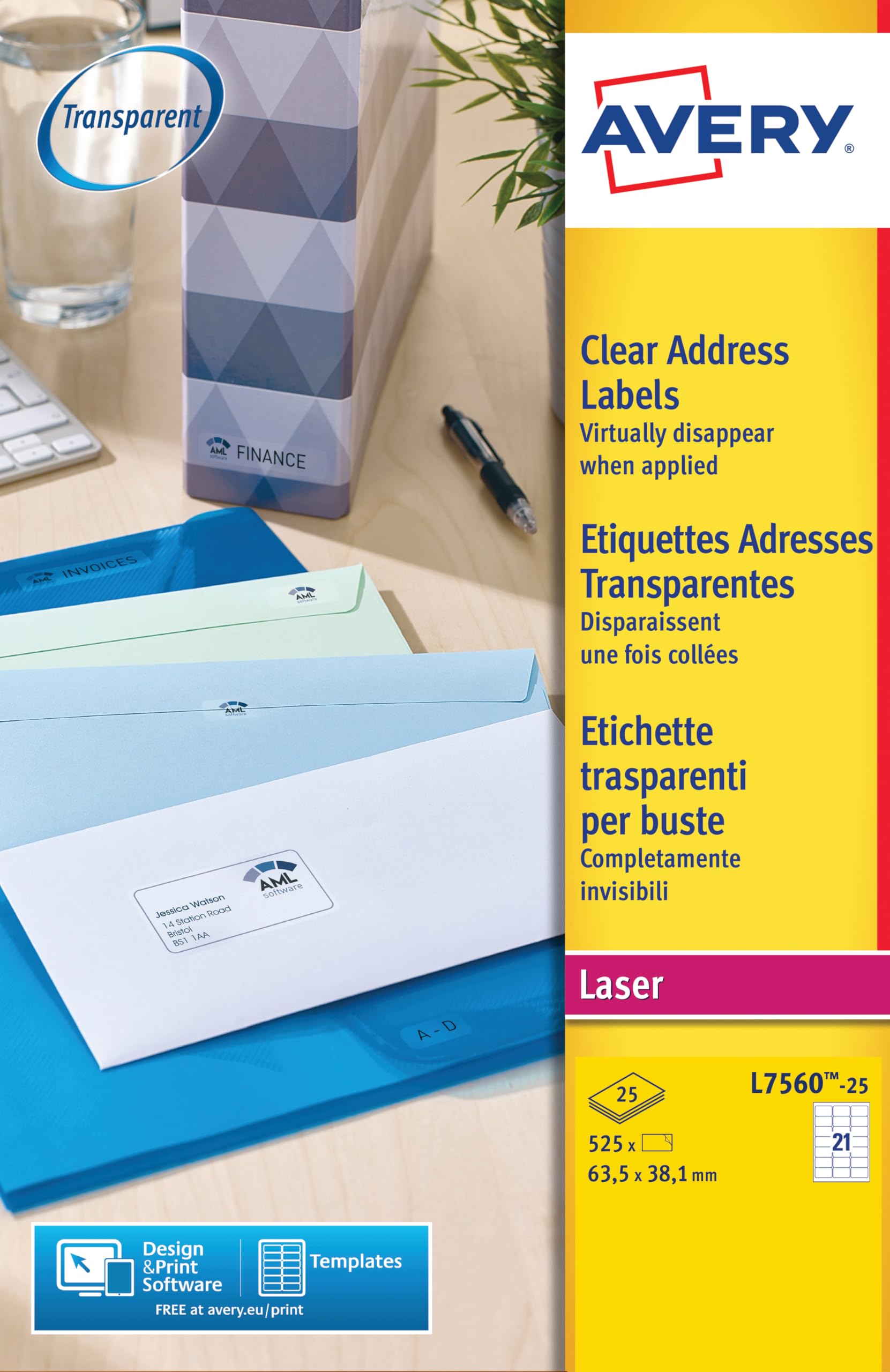 Avery L7560-25 - Etichette per buste per stampante laser, 63,5 x 38,1, colore: Trasparente, confezione da 25