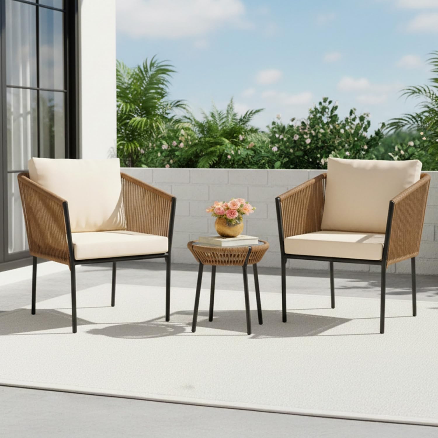 DEVOKO Outdoor Rope Patio Set with Glass Top Table & Water Resistant Cushions for Garden, Deck, Lawn, Poolside (Beige & Off-White), 76 cm, 70 cm, 62 cm