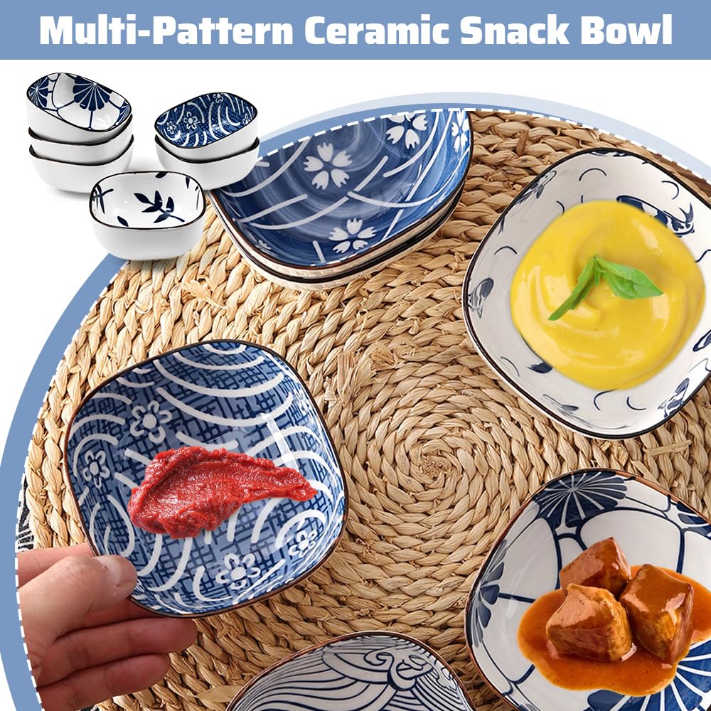 Set di 6 piccole ciotole in ceramica quadrate in stile giapponese, ciotole per snack da 9,2 cm, mini ciotole in ceramica blu e bianca per sushi, tapas, dessert, noci, olive e salsa di soia (9,2