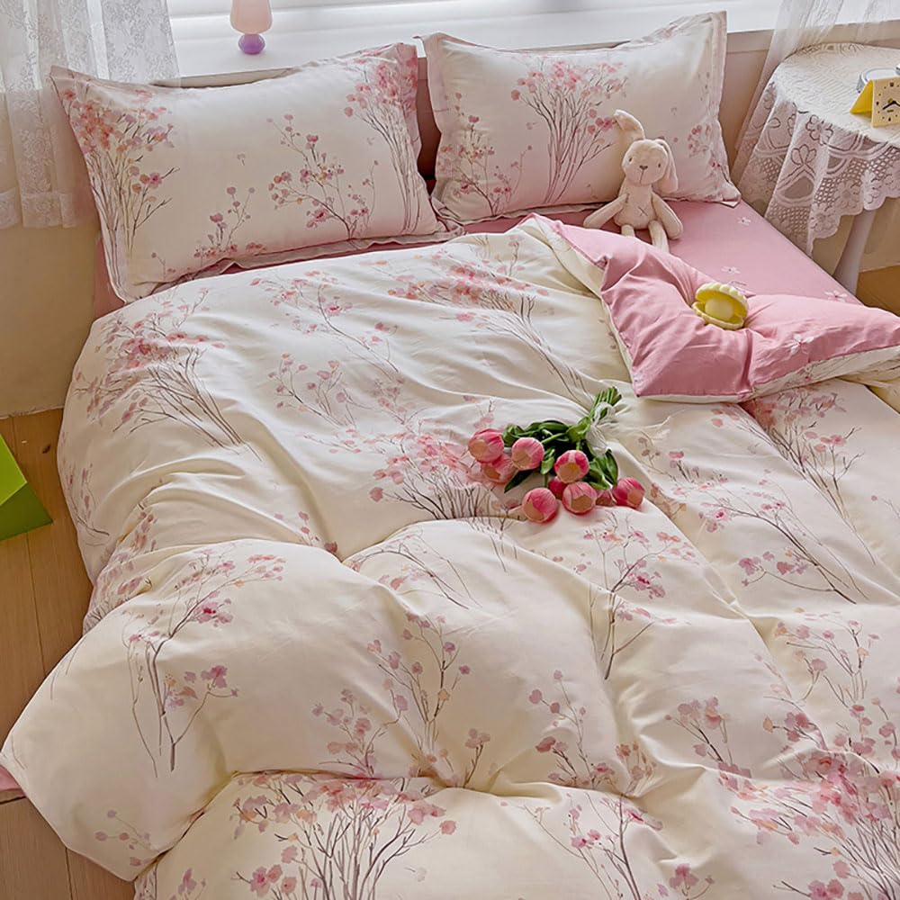Nyescasa King Duvet Cover Sets Pink Cherry Blossom Flowers Floral Microfibre Reversible Bedding Set Botanical Aesthetic Quilt Comforter Cover 220x230 with Zipper Closure and 2 Pillowcases 50x75 cm — image 1