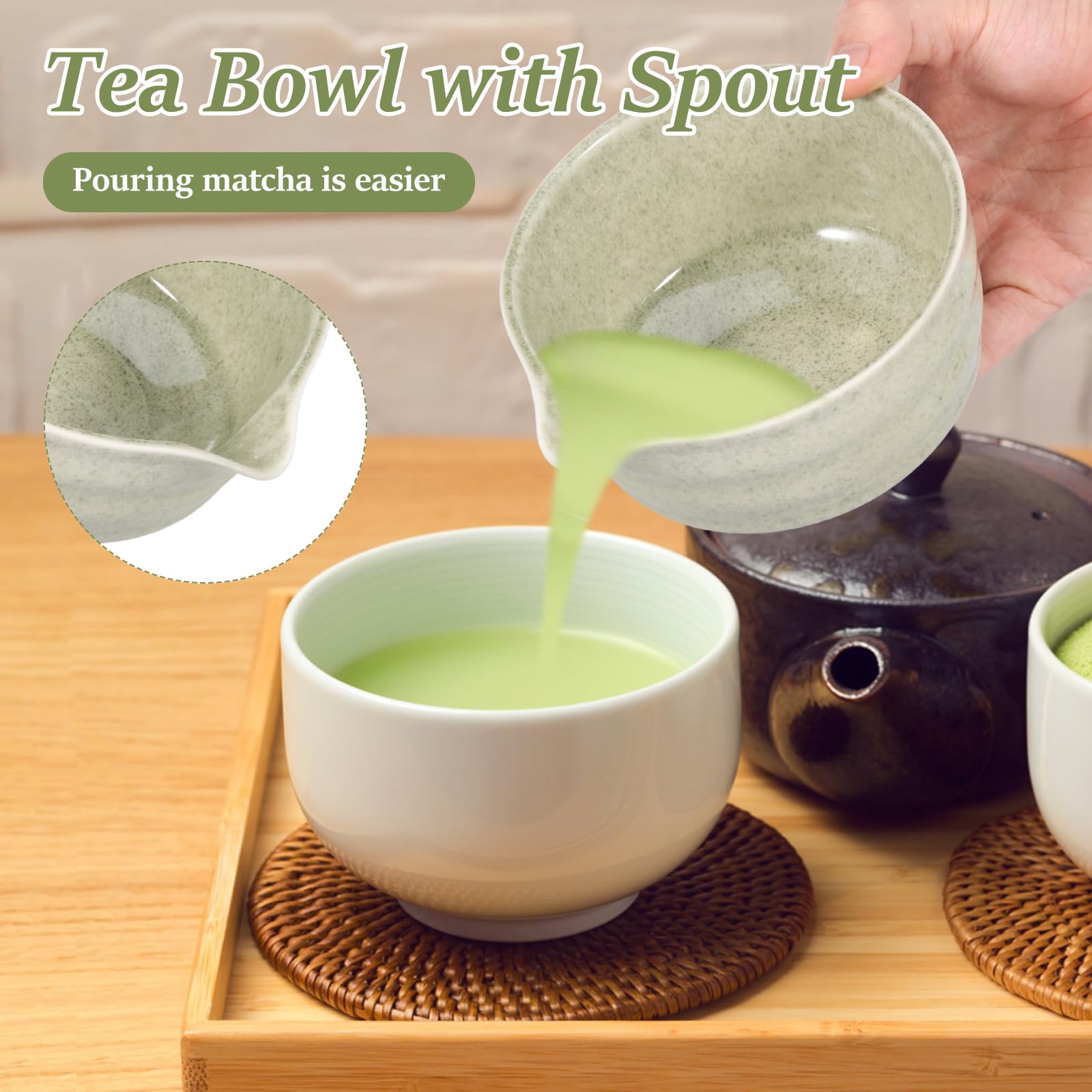 2 Teilige Japanische Matcha Schüssel aus Keramik mit Schneebesenhalter 500ML Chawan Einfach Liefert Schneebesen Teeschale, Chawan Matcha Teeschale für Anfänger DIY Liebhaber Starter(Matcha Grün)