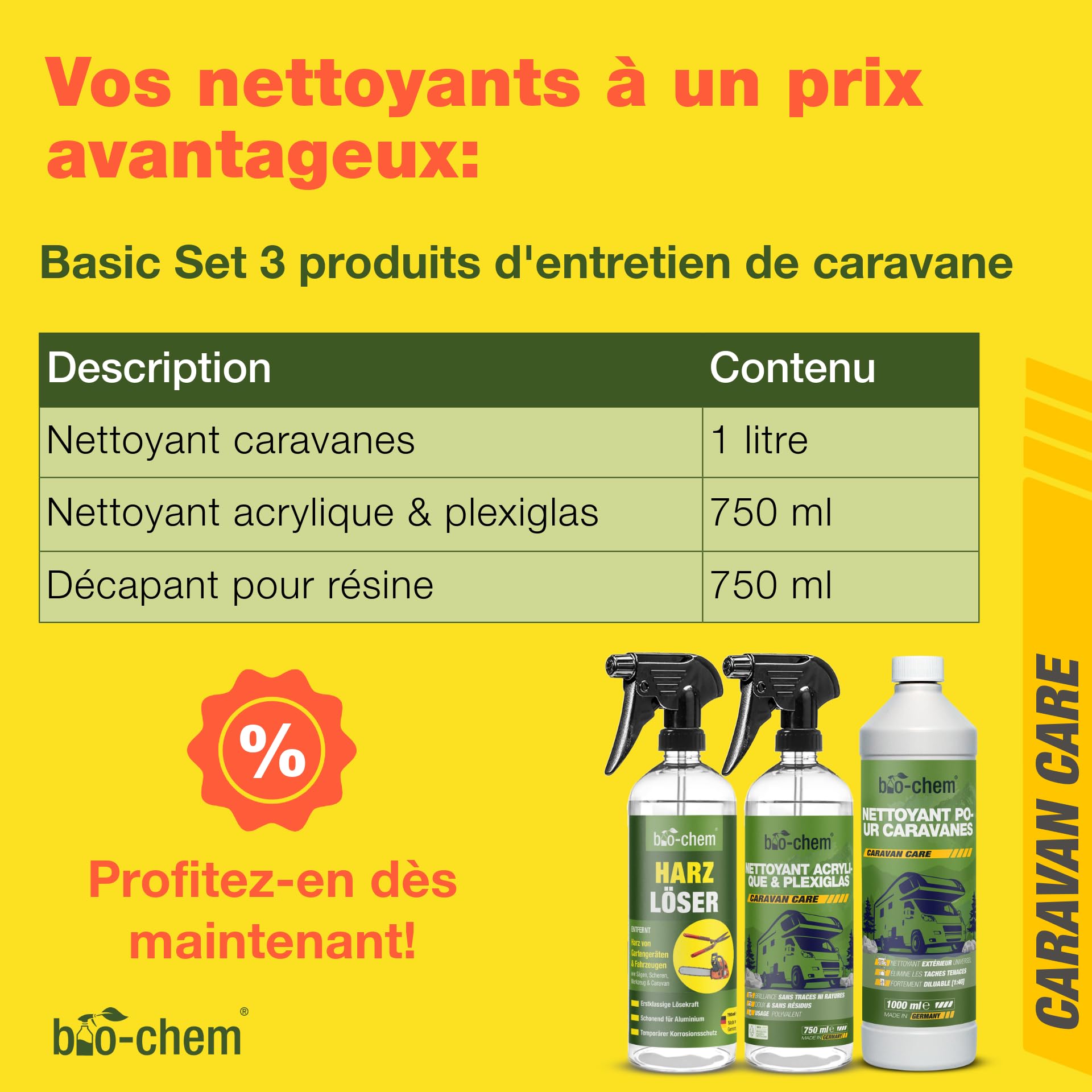 Bio-Chem - Set de 3 Produits d'entretien pour caravanes de Camping - 1L Produit nettoyant pour Camping-Car + Vaporisateur pour résine 750mL + Produit vitre et Pare-Brise 750mL
