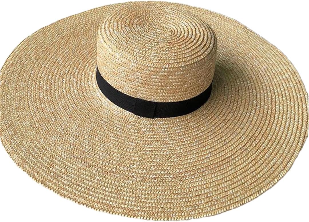 Women's Wide Brim Flat Top Hat 15Cm Straw Hat Flat Top Summer Black Ribbon Sun Hat Beach Hat