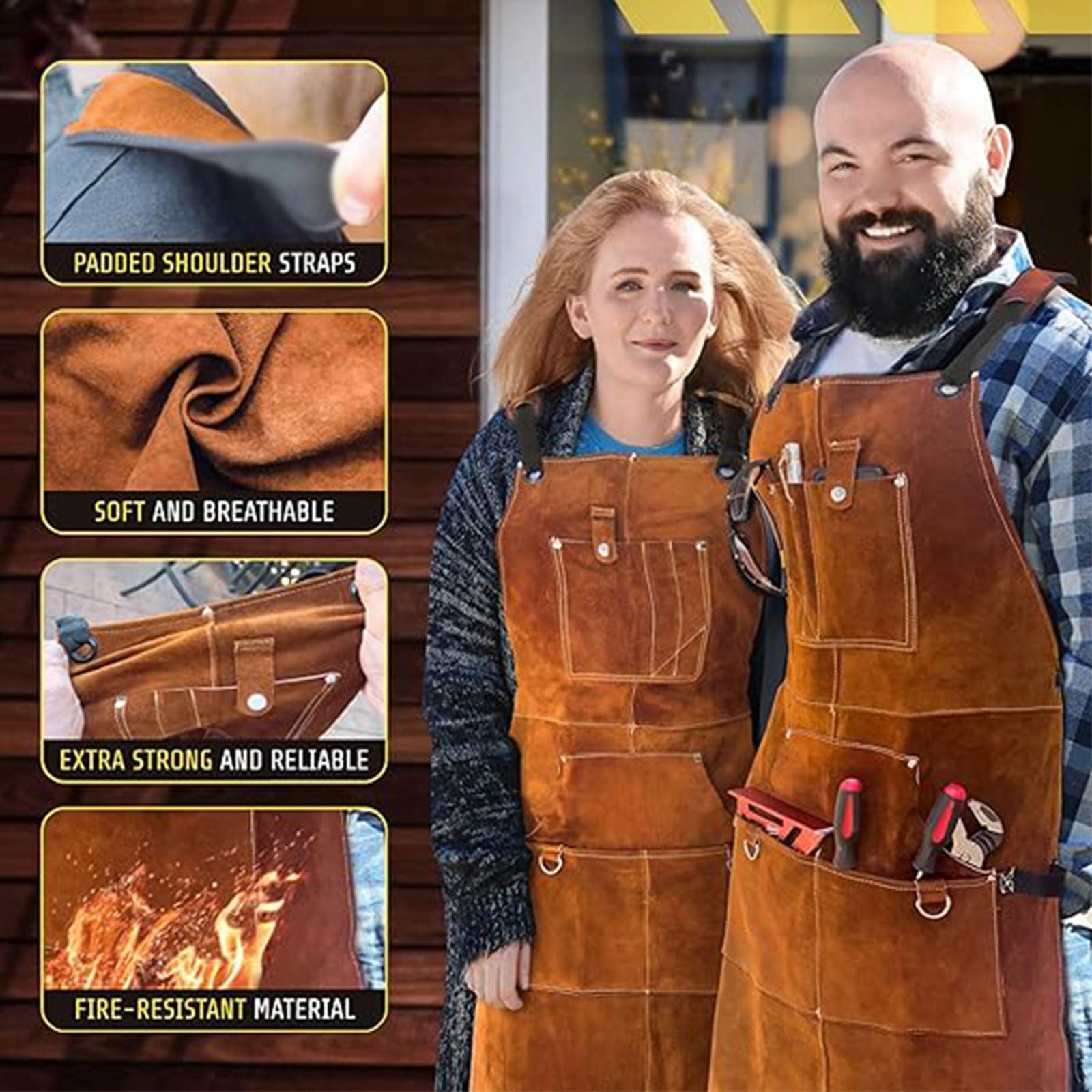 Tablier de Soudeur Professionnel en Cuir pour Homme avec 6 Poches. Tablier de Soudure Durable de Travail Anti-Flamme et Protection pour Forgeron,pour Femmes et Hommes 60 * 90cm