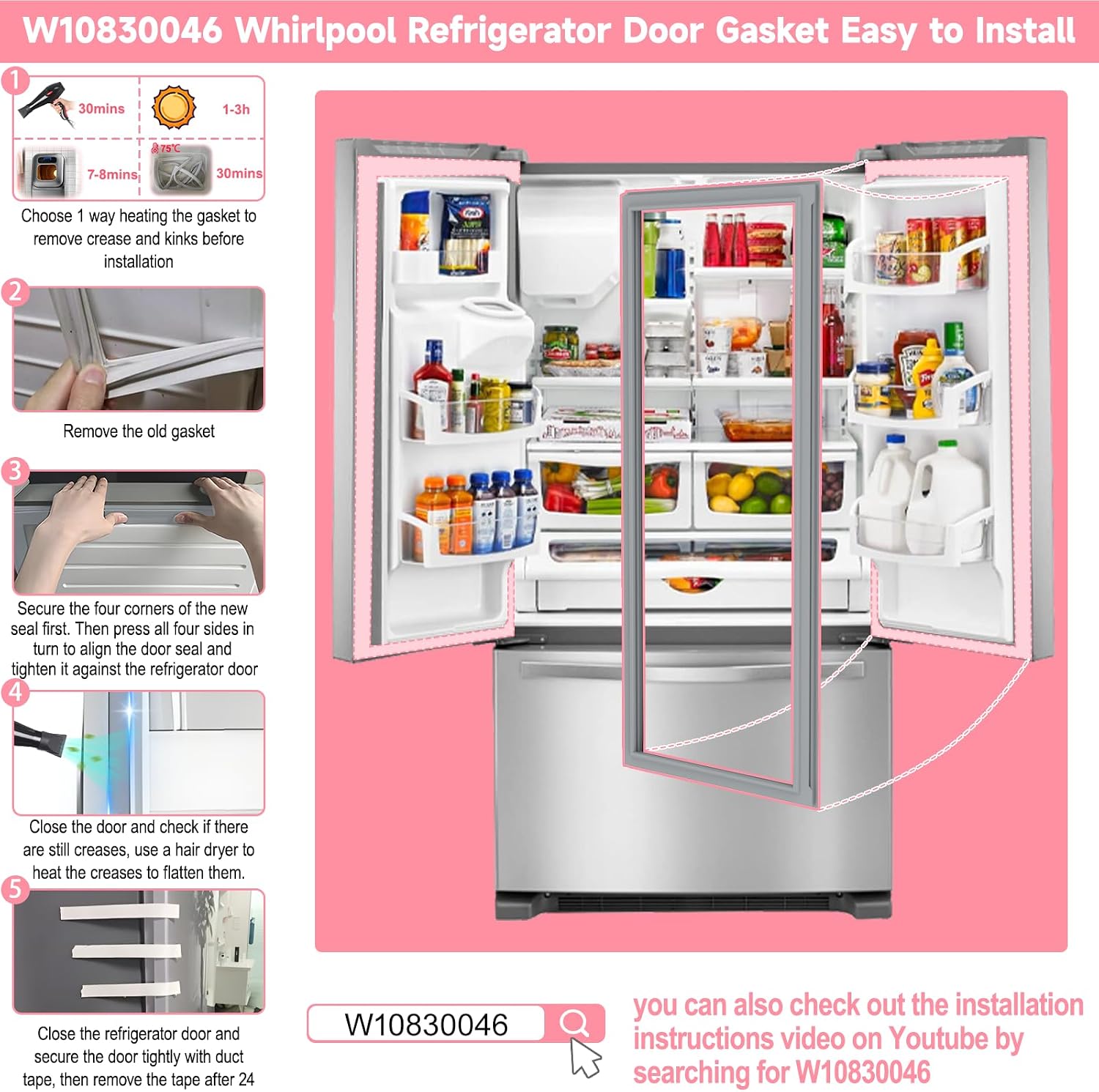 LXun Upgrade W10830046 Refrigerator Door Gasket Compatible with Maytag Kenmore Whirlpool Refrigerator Door Parts W10163997 for Whirlpool Freezer Door Seal W10443241 ERP12069725 AP6048305 PS12069725 ‼️has stains‼️