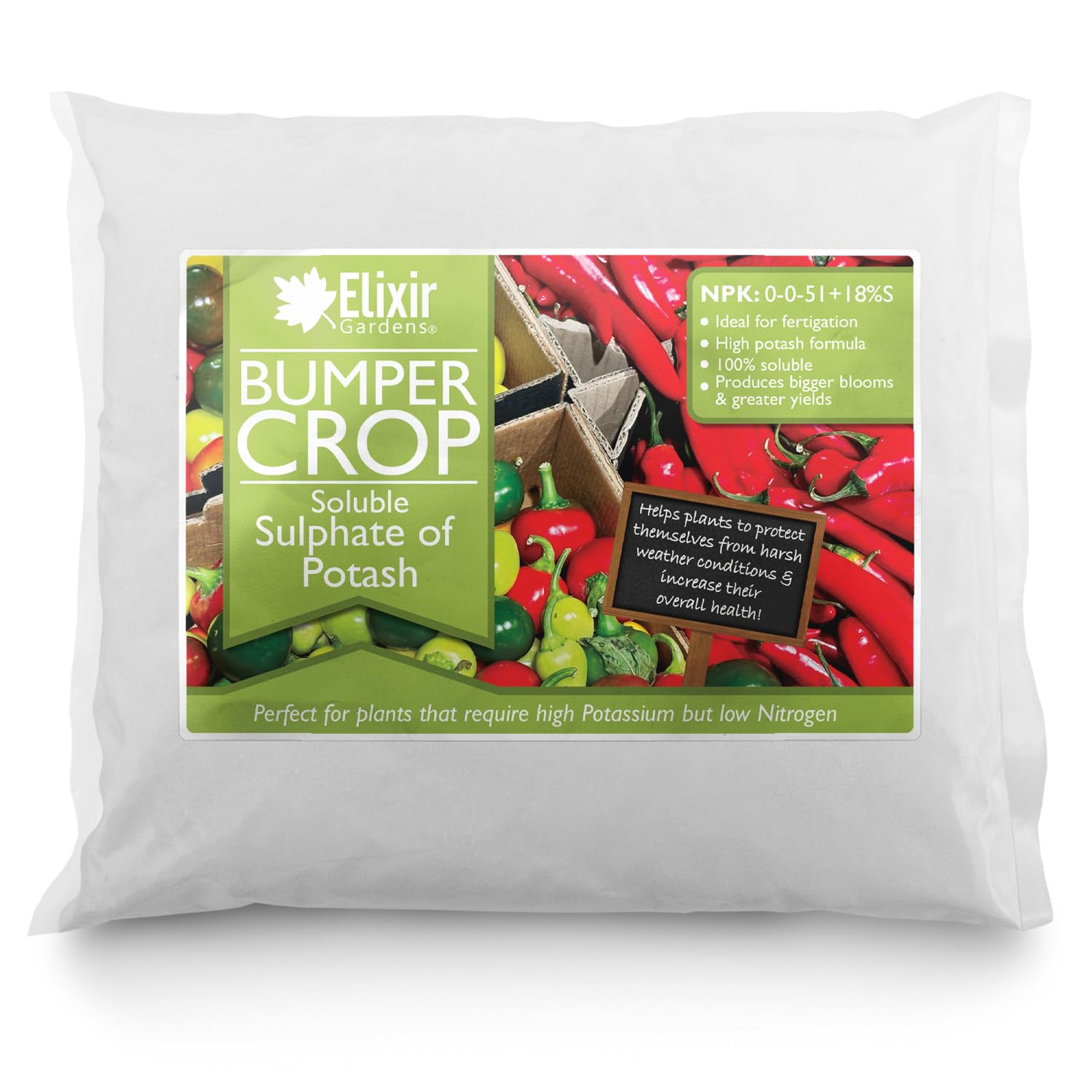 Elixir Gardens Soluble Sulphate of Potash/Potassium Sulphate SOP Fruit Berries Tomato Fertiliser | Available qty from 1kg to 25kg | (2kg)