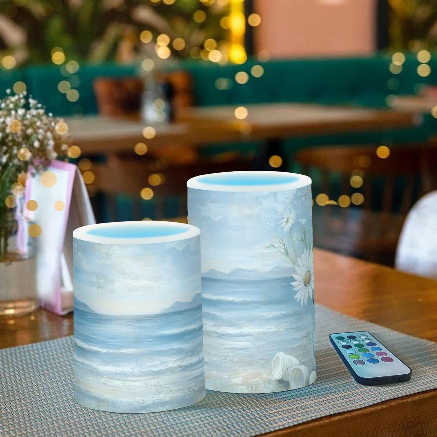 Flameless Candles Vintage Beach Vase Daisy with Remote - No Batteries Included, 3” Battery Operated Candles Flickering with Timer for Outdoor Lanterns Porch, Set of 2