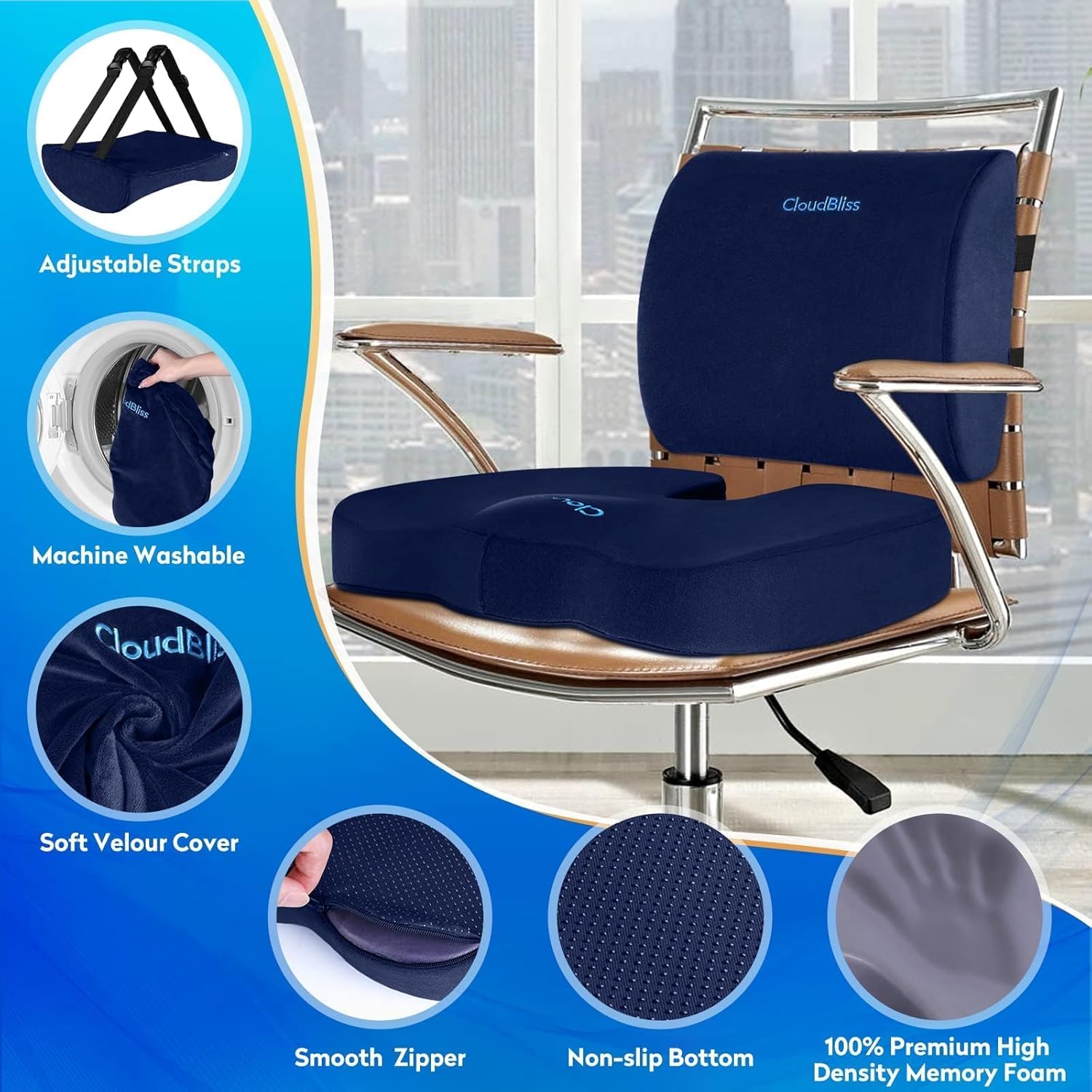 CloudBliss Seat Cushion,Office Chair Cushions,Car Seat Cushion,Lumbar Support Pillow for Office Chair,Back Support Memory Foam Pillow Coccyx Cushion for Tailbone Pain,Sciatica & Back Pain Relief -Blue - Image 3