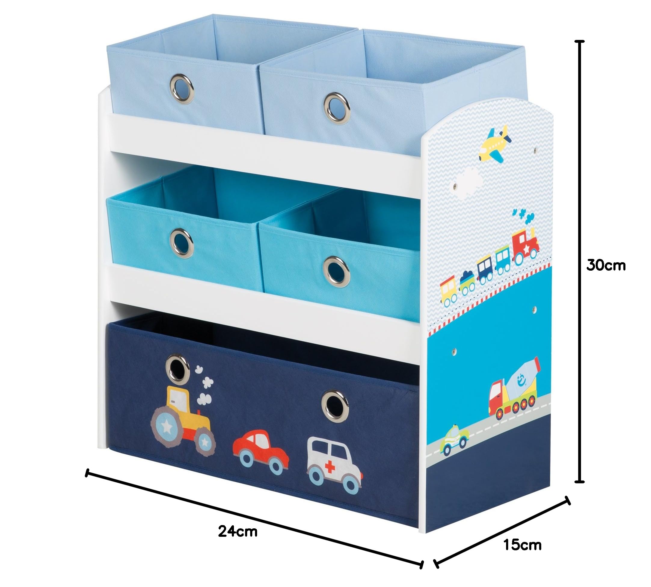 roba Étagère pour Jouets Enfant en Bois Rennfahrer - 5 Paniers en Tissu Amovibles - Meuble de Rangement pour les Jouets - 64 x 30 x 60 cm - Motif Véhicules de Transport - Bleu