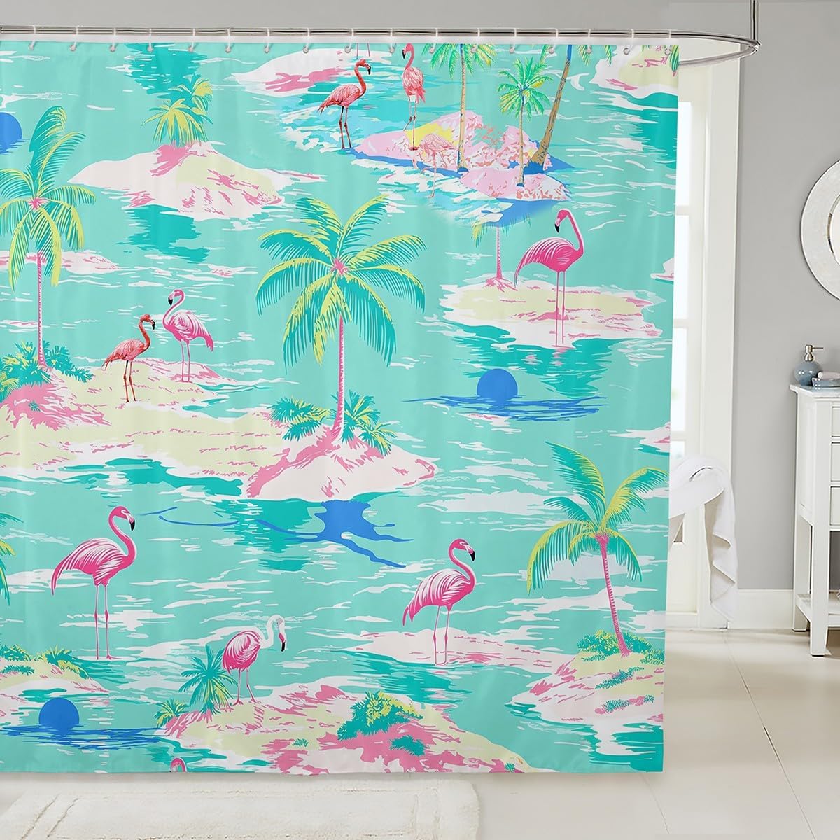 Pink Flamingo Kids Shower Curtains,Coconut Trees Tropical Plants Bathroom Curtains for Girls Boys Adults,Beach Summer Romantic Colorful Bright Waterproof Curtains,12 Hooks Suits,72" W x 84" L
