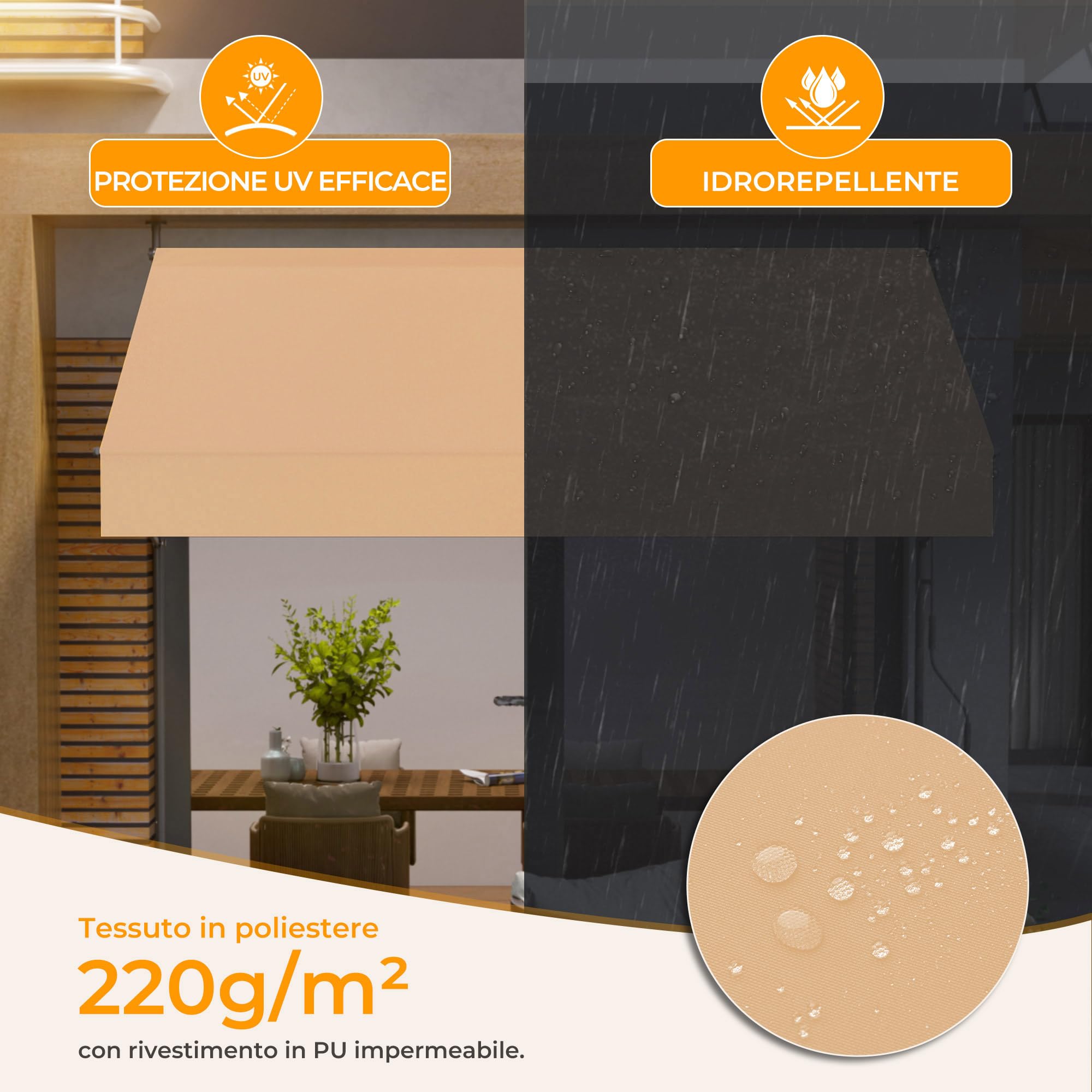 Tenda da Sole a Morsetto con manovella regolabile, Impermeabile Anti-UV, 200 cm x (120-150) cm Cachi