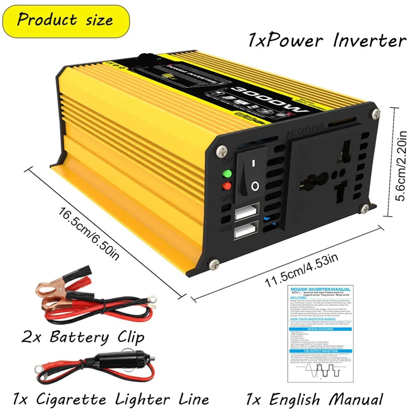 Mikroinwerter, 3000W Pojazd Inteligentny Inwerter DC 12V do AC Samochodowy Transformator Napięcia Wbudowany Bezpiecznik Cyfrowy Inwerter Mocy do Przyczepy Kamperowej(Nero)