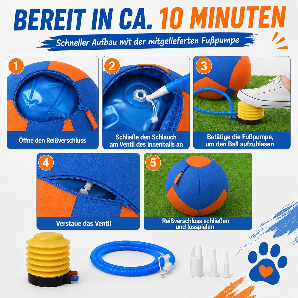 Generisch Herding Ball für Hunde, Treibball für Hunde Bissfest Gross, Aufblasbarer Hundeball, Outdoor-Trainingsgerät für Border Collies, Innenhöfe und Pools (Orange & Blau, 55 cm / 21.65 in)