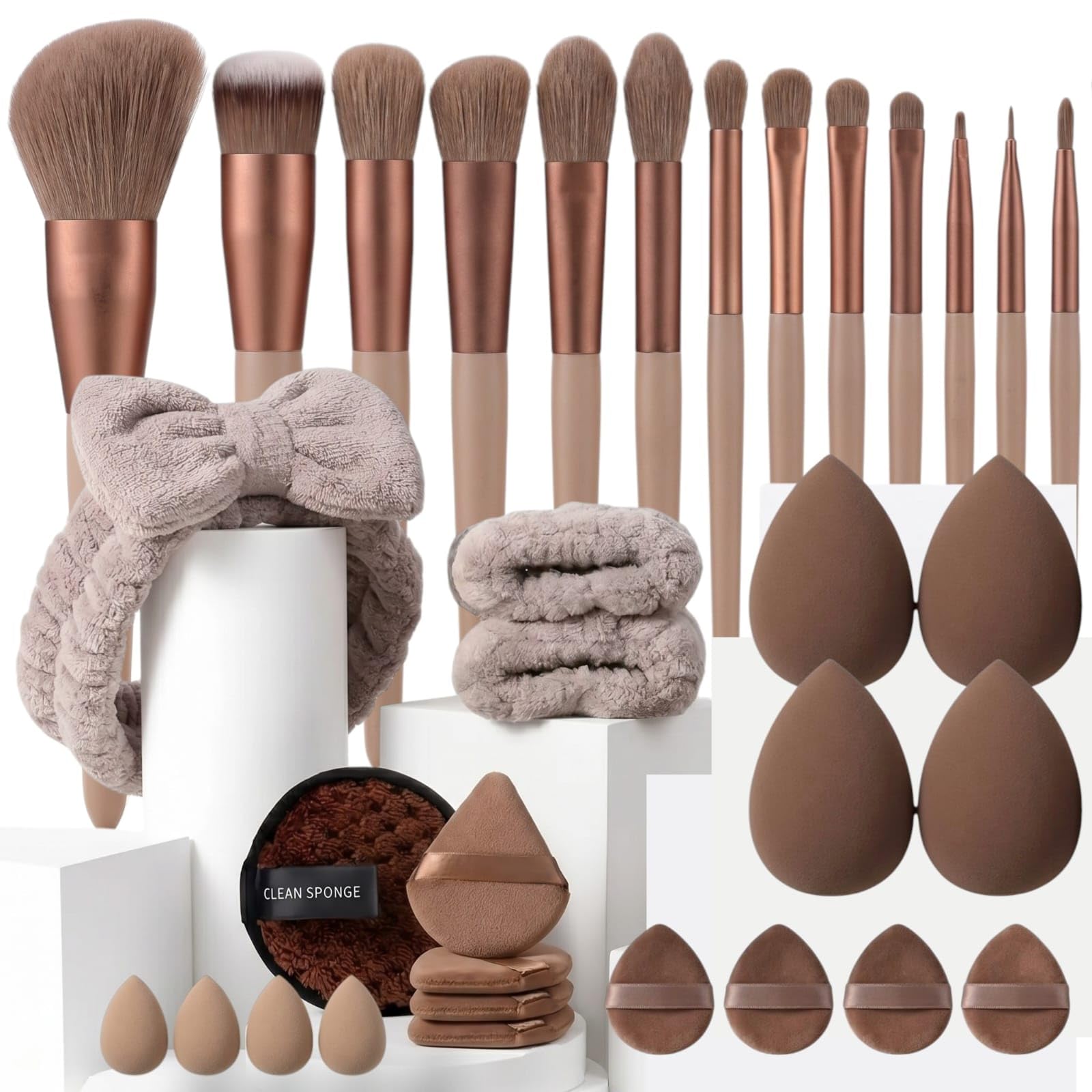 33 Pcs Professional Makeup Brush Set with Beauty Blender Sponges & Powder Puffs - Premium Synthetic Bristles, Face & Eye Shadow Brushes for Flawless Airbrushed Look - Aesthetic Coquette, coffee edition-picture-11