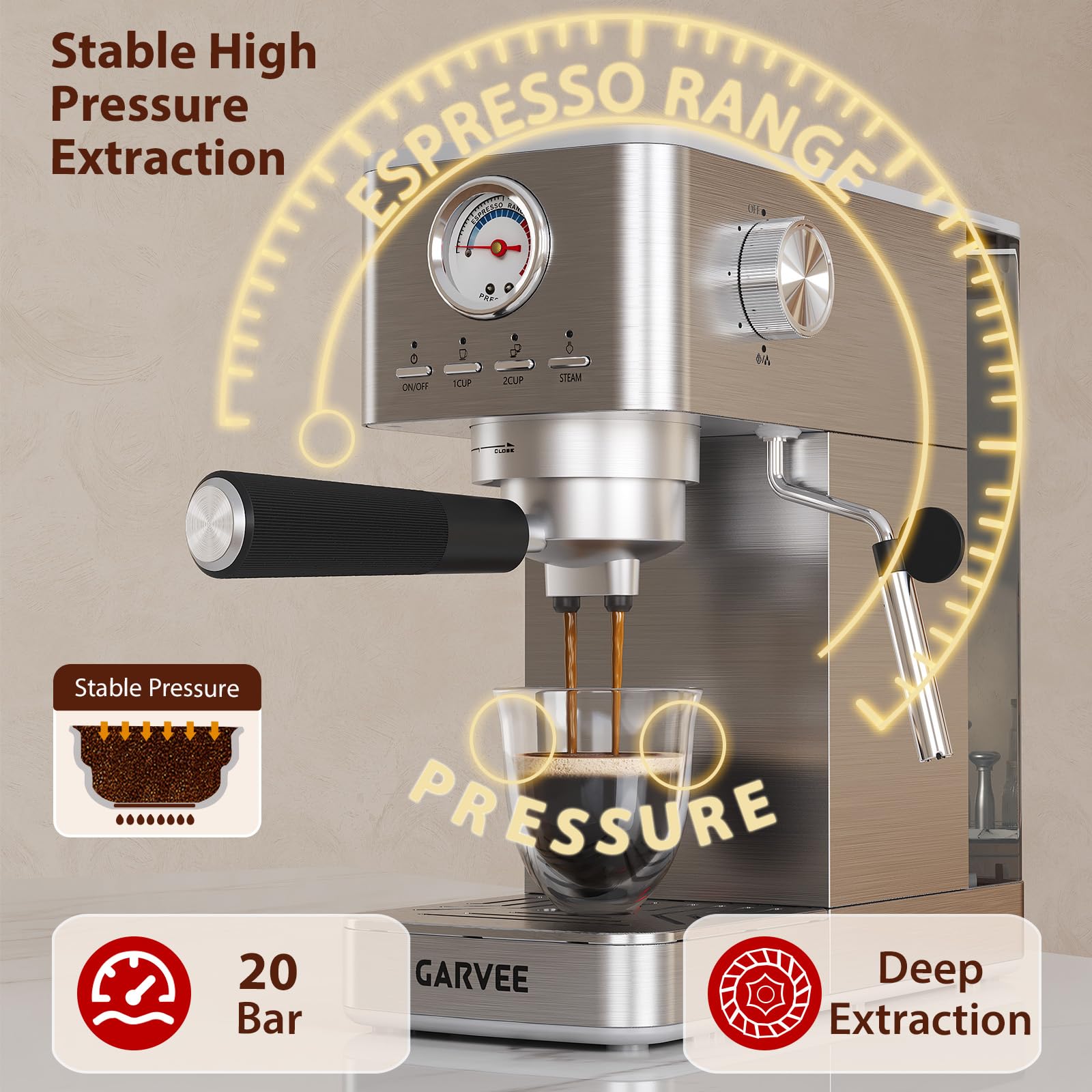 Macchina da caffè espresso 20 bar con trituratore, macchina da caffè espresso semi-automatica in acciaio inox con montalatte, temperatura e volume di tazza regolabili,1,4 l serbatoio rimovibile per