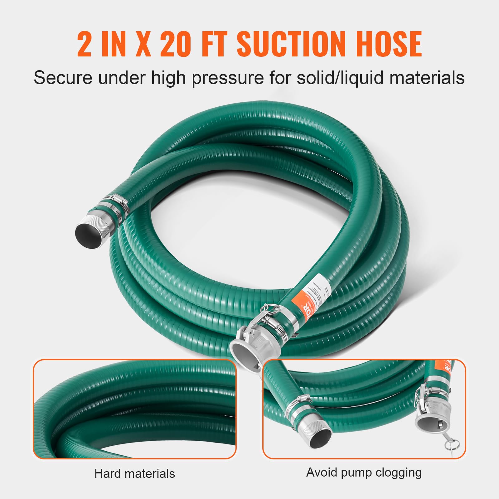 VEVOR Kit de Manguera de Succión para Bomba con Manguera de Retrolavado Azul de 50,80mmx15,24m, Manguera de Succión Verde de 6,1 m y Filtro de Orificio Redondo de Acero, Levas, Abrazaderas, Adaptador