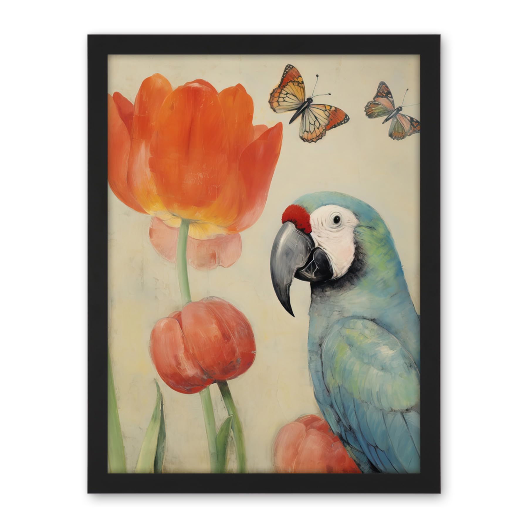 Artery8 Parrot and Tulips Flowers Butterflies Pastel Colour Artwork Floral Spring Oil Painting Artwork Framed Wall Art Print 18X24 Inch