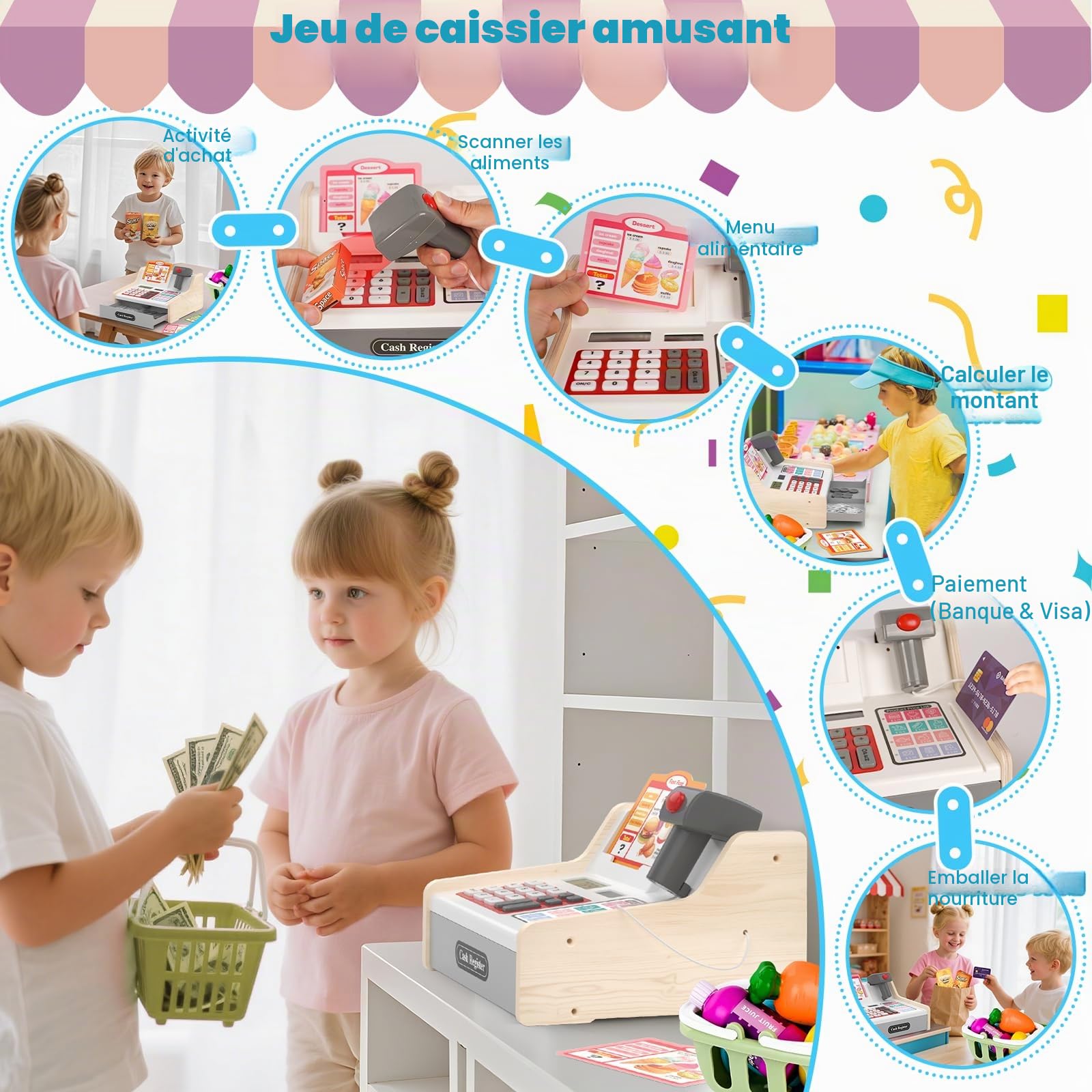 maysida Caisse enregistreuse Rechargeable en Bois pour Enfants avec Scanner, Jouet de Simulation avec Fausse Monnaie, Nourriture, Carte de crédit, pour Tout-Petits garçons et Filles âgés de 2 à 4 Ans