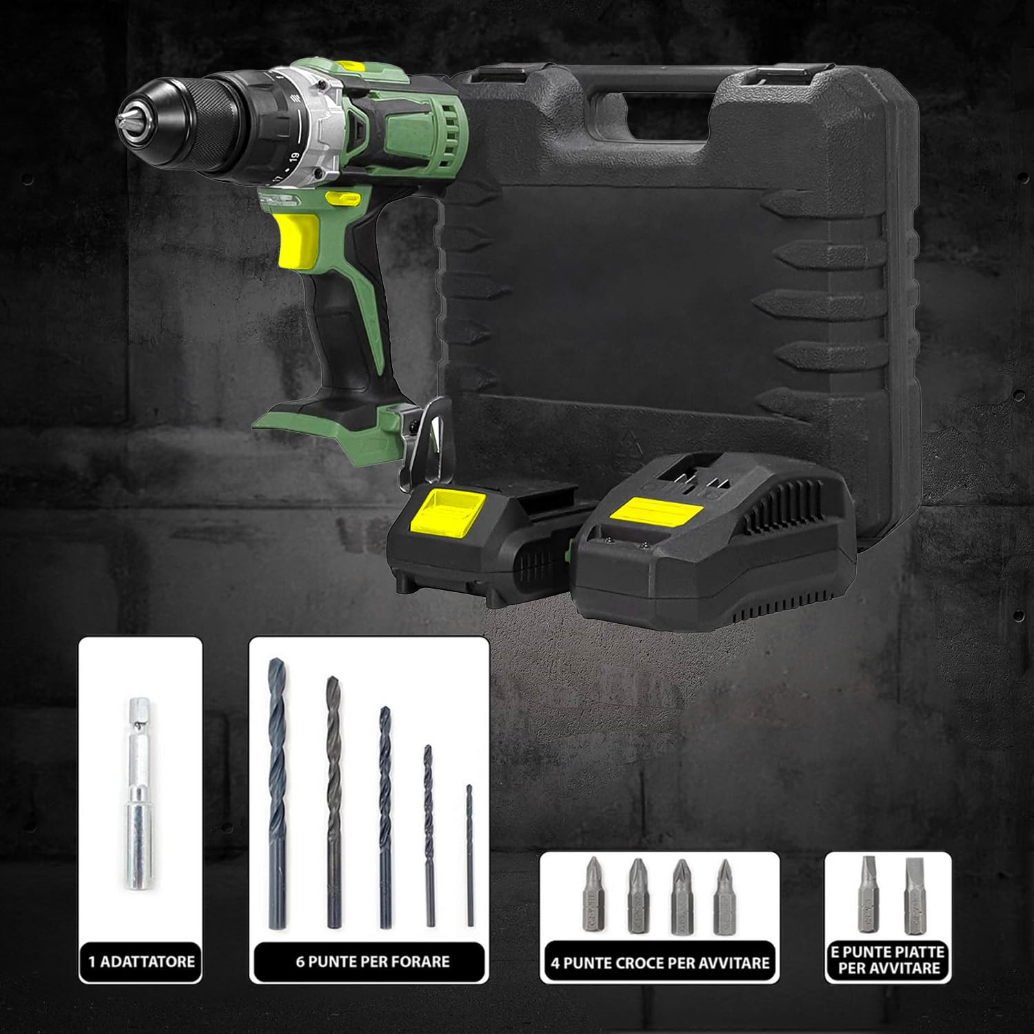 Avilia Set Trapano Avvitatore a Percussione 20V con 13 Accessori - 2 Velocità, Batteria 2Ah, Mirino LED - Ideale per Fai Da Te e Lavori Professionali