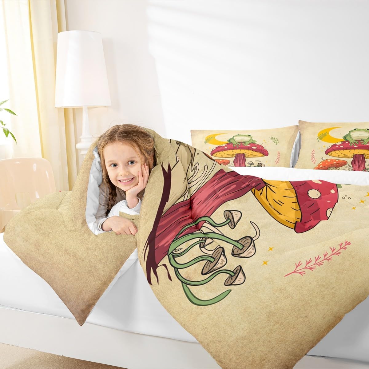 Manfei Mushroom Kids Comforter Set Twin Size,Frog Plants Botanical Colorful Bedding Set,Girls Boys Adults Bedroom Decor,Sun Moon Starry Sky Down Comforter,Brown Rustic Retro Duvet Insert,1 Pillowcase