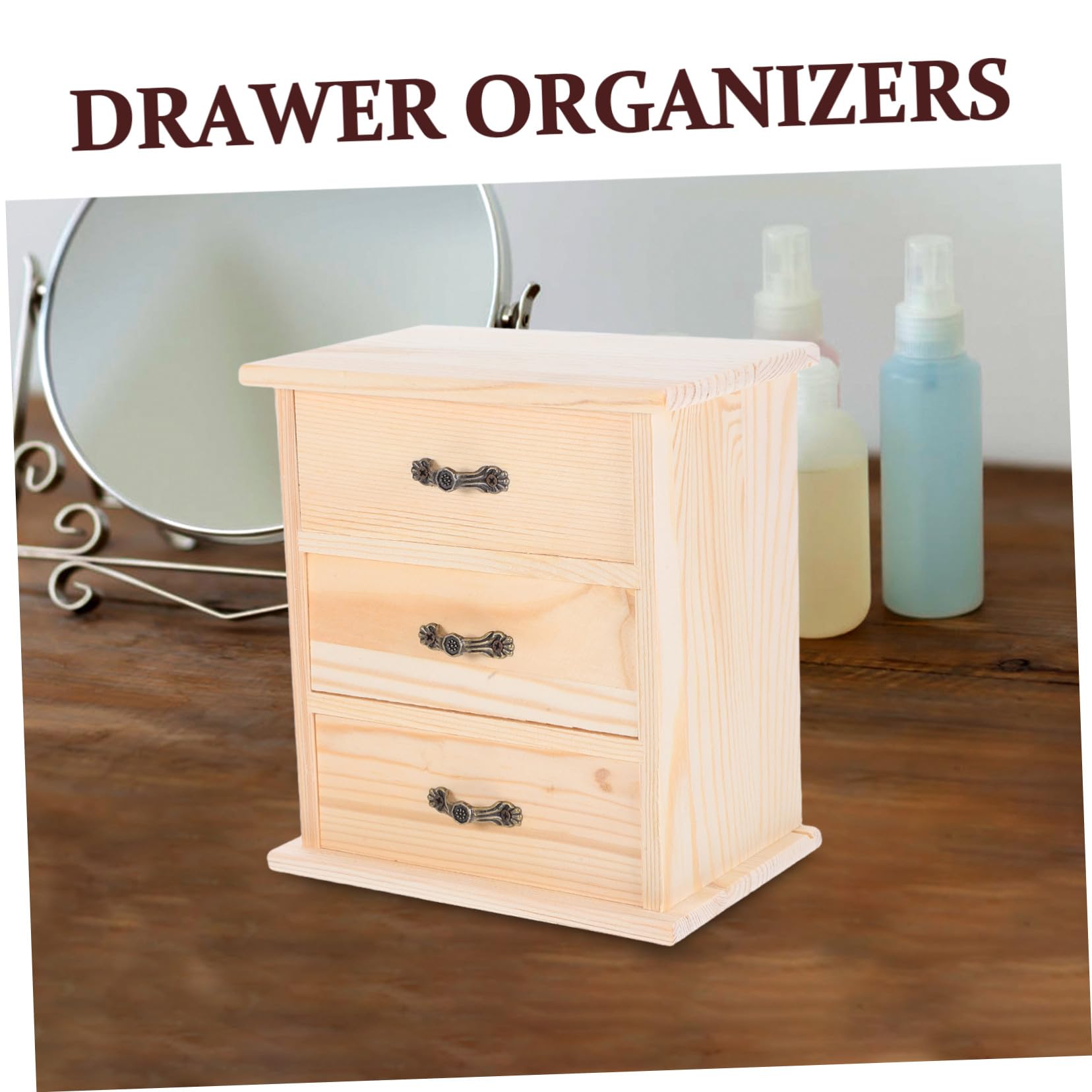 Holz Schreibtisch Organizer mit DREI Schubladen Kleiner Holzschrank für Büro Stilvoller Miniatur Aufbewahrungsbox für Schmuck und Kleinteile Praktischer Schubladen Organizer für