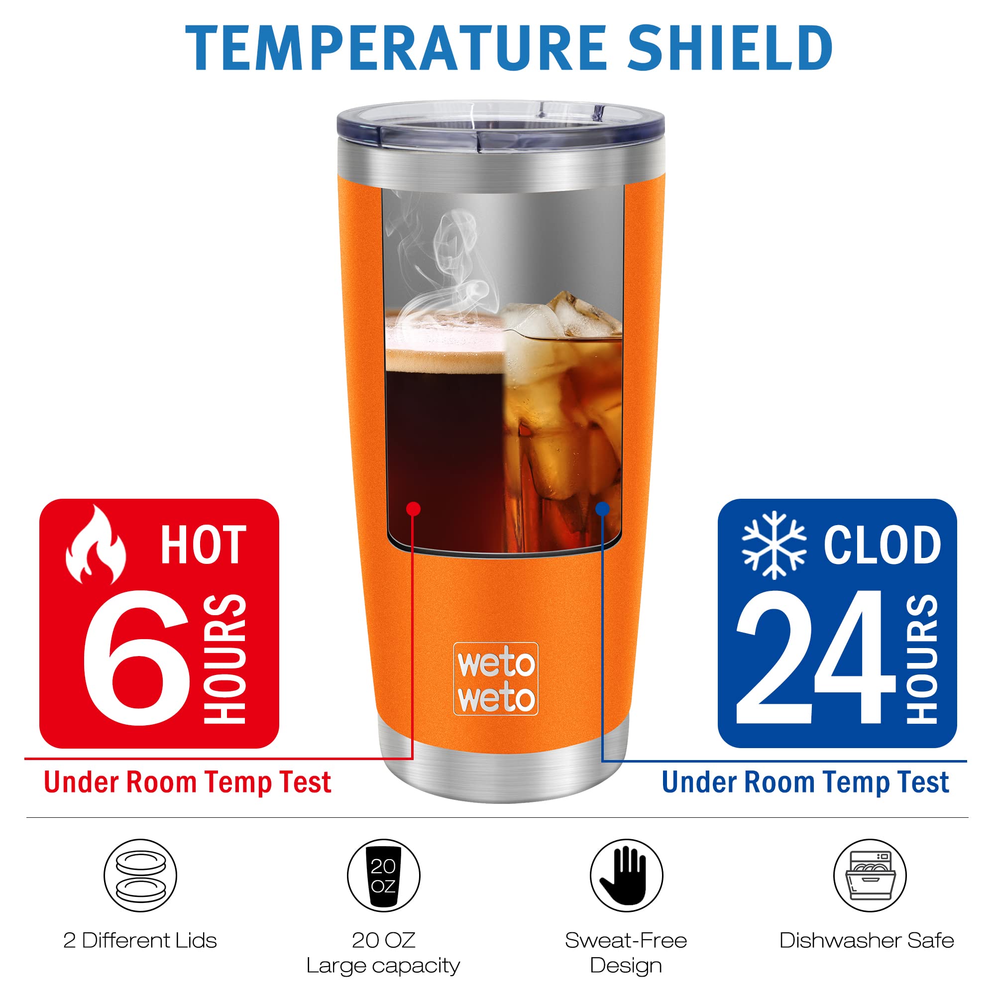 WETOWETO 20oz geïsoleerde roestvrijstalen beker, koffiebeker, dubbelwandige vacuüm lekvrije reiskoffiemok, gepoedercoate waterbeker (oranje, 1 pak