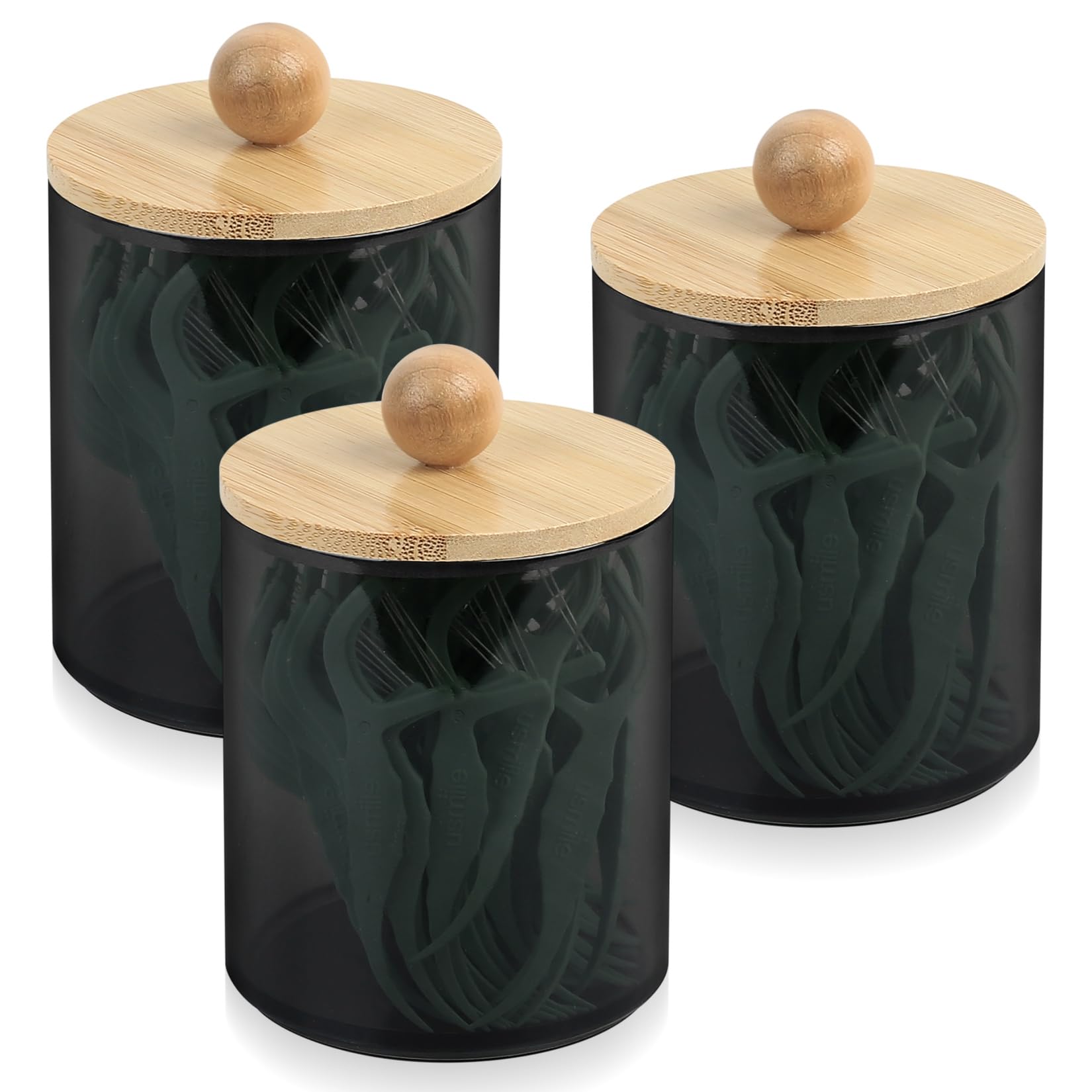 3 x Porta Cotton Fioc per Bagno, Nero Porta Dischetti Struccanti, Dispenser Contenitore Cotton Fioc con Coperchio Bambù, Contenitori Dischetti da Trucco per Cosmetici Cotton Fioc e Dischetti Cotone