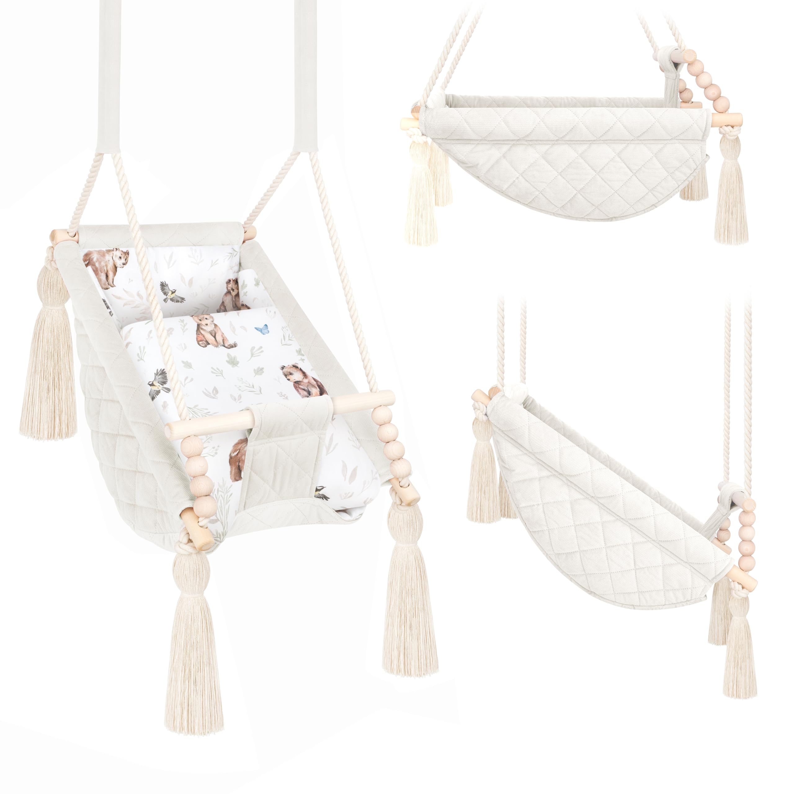 Altalena Bambino Beige Naturale Velluto, Amaca Interna 2m+, Personalizzabile con Nome Ricamato, Made in Europa, Sedile sospeso sicuro 25kg