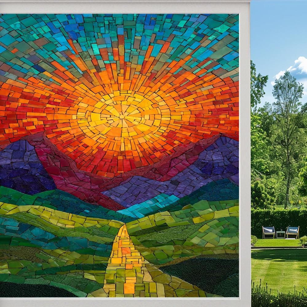 Pmlbaous Colorful Mountain Stained Glass Window Film, Abstract Scenery Natural Sunset Peel And Stick Privacy Film, Frosted Adhesive Vinyl Decorative For Bathroom Windows Glass Doors, （55X100cm）